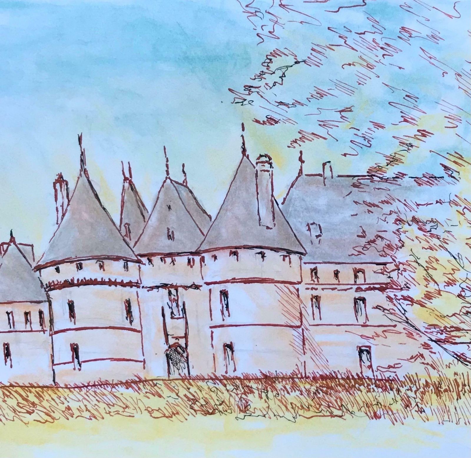 Bernard Labbe1950's Modernist/ Cubist Painting   Blue Skies Over French Chateau 1950's photo for sale