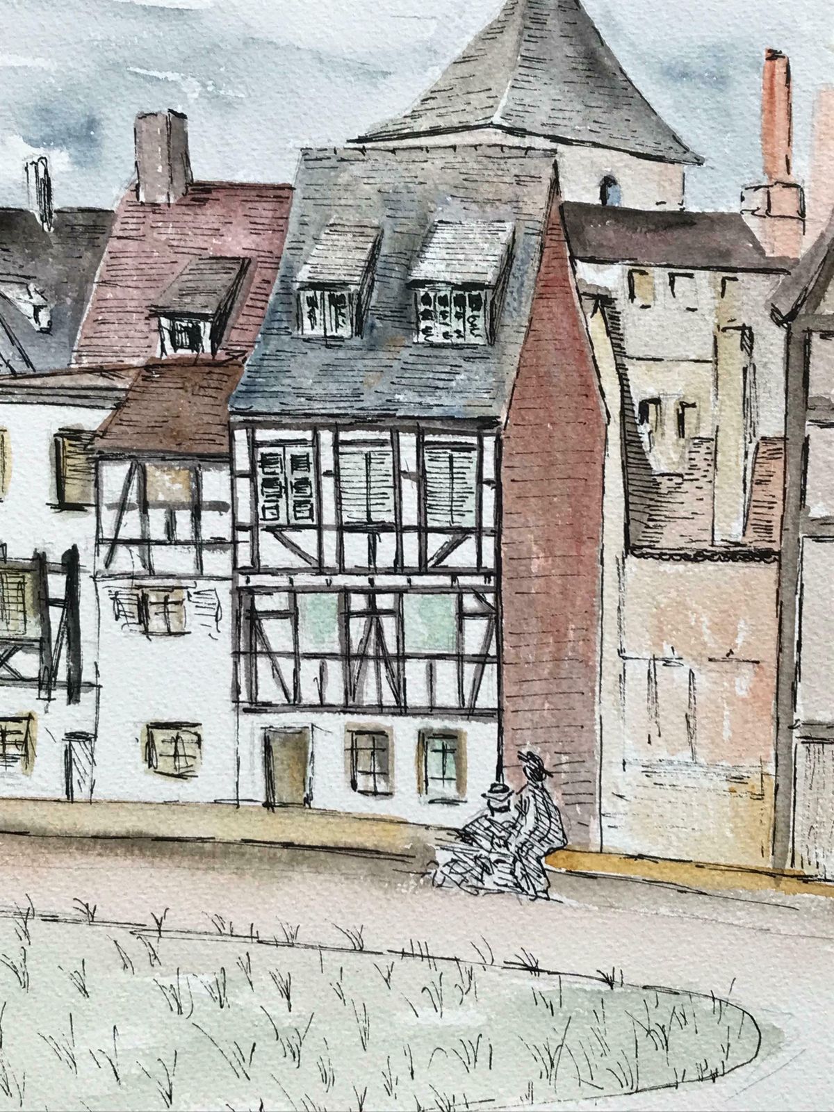 Bernard Labbe1950's Modernist/ Cubist Painting   The Couple Admiring The French Town1950's photo Art