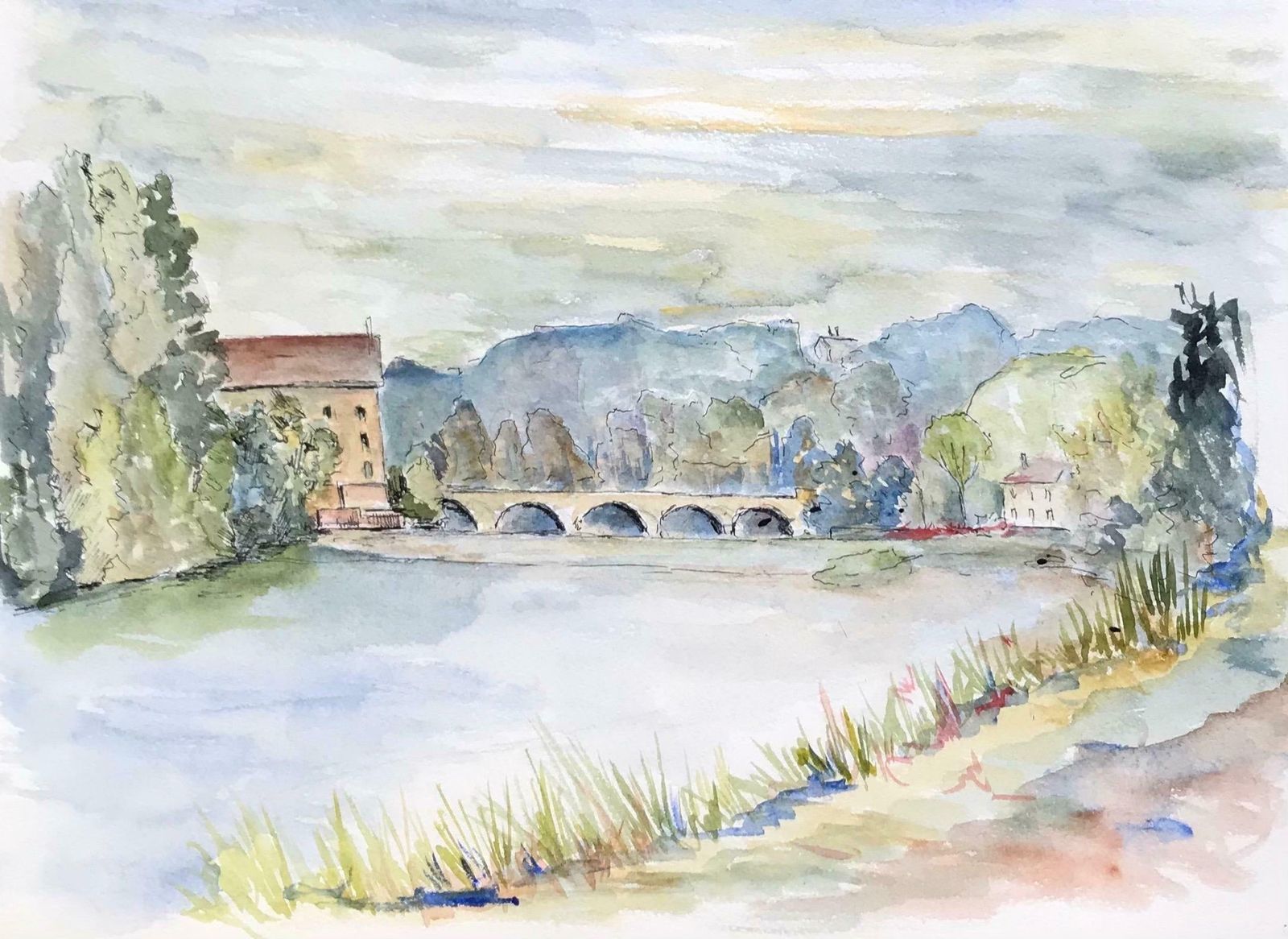 Bernard Labbe1950's Modernist/ Cubist Painting   Peaceful French Bridge Landscape1950's
