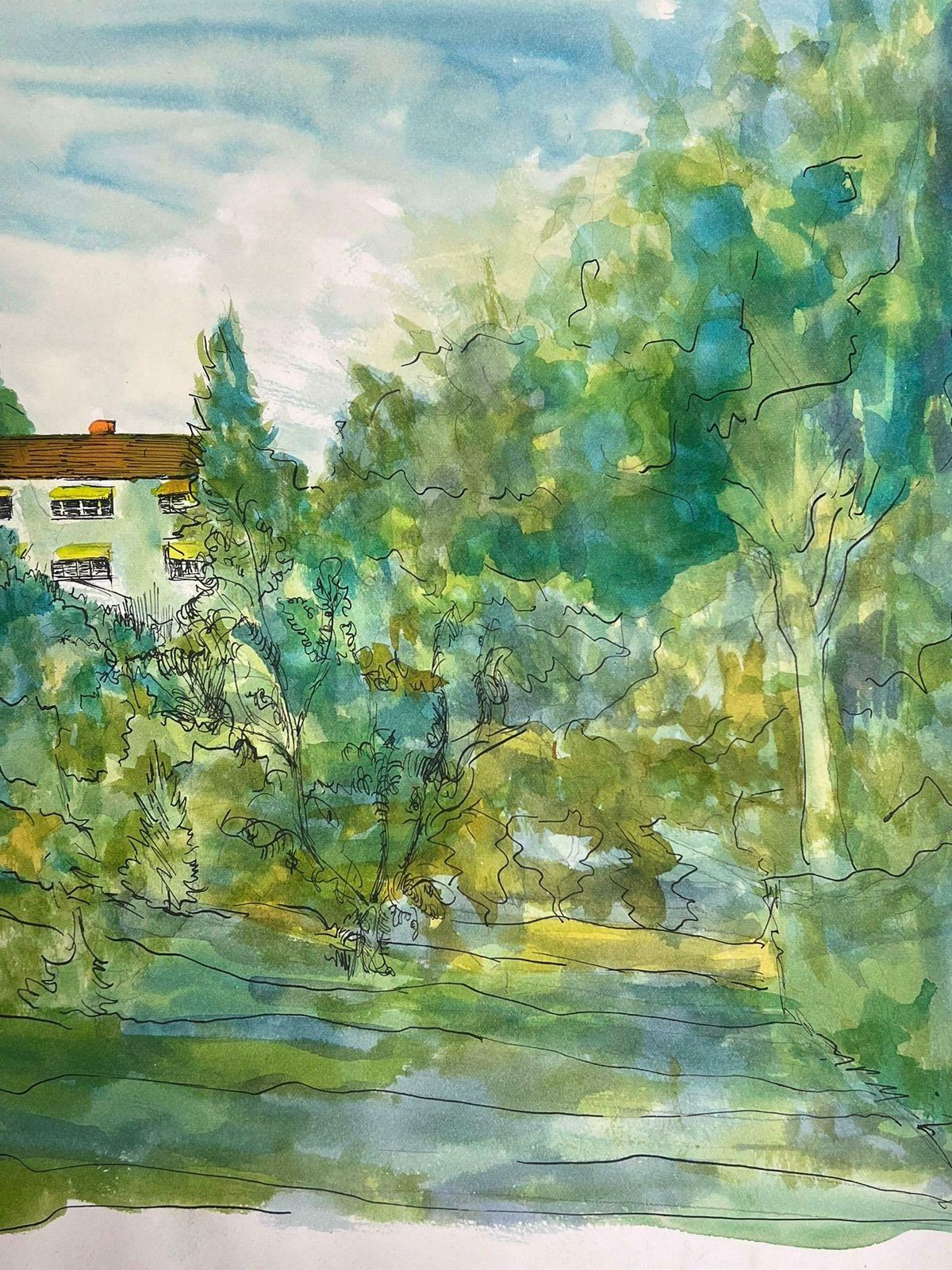 Bernard Labbe1950's Modernist Painting Bright Watercolour Chateau In Green And Blue Forest1950's photo Art
