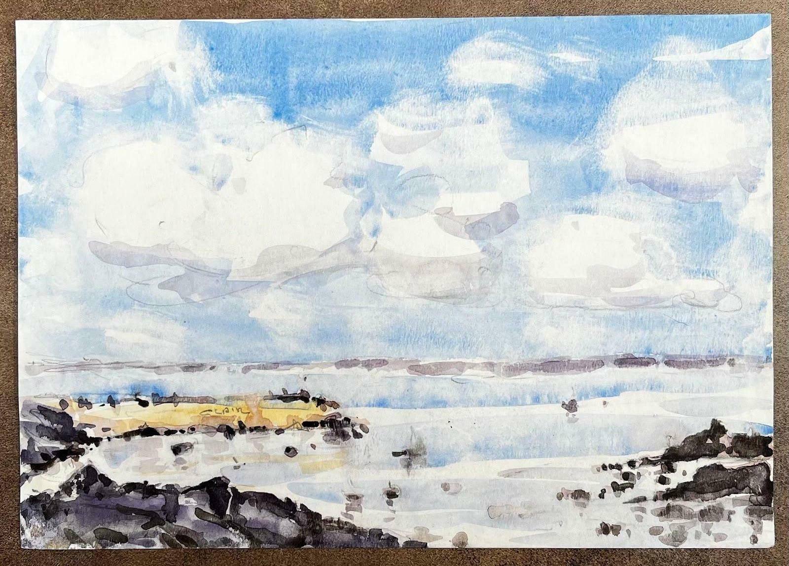 Unknownfrench Impressionist Watercolor Landscape   Rocky Shoreline Looking Out To Sea20th Century