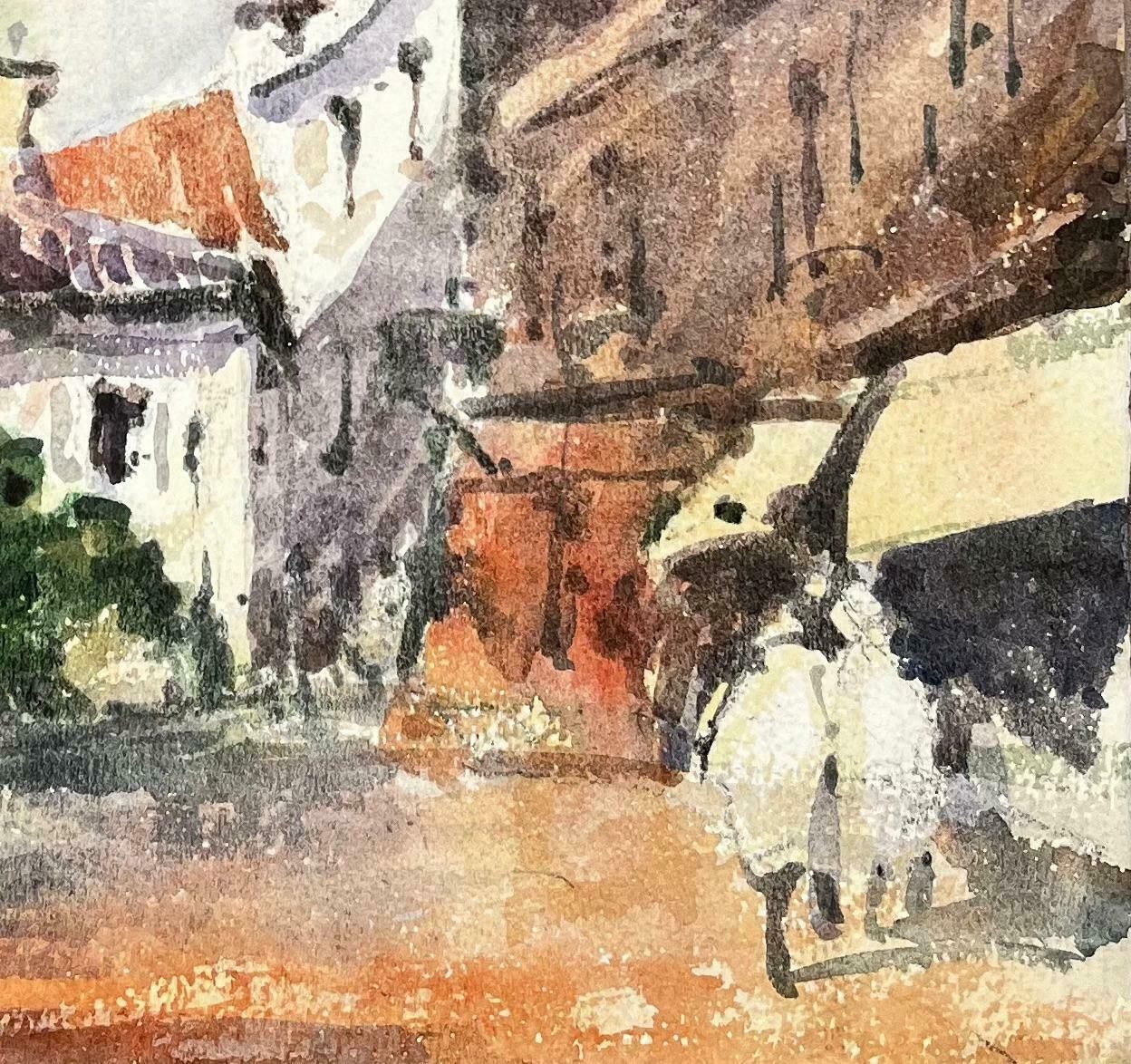 Unknownfrench Impressionist Watercolor Landscape   Couple Wandering Down Village Street20th Century photo for sale