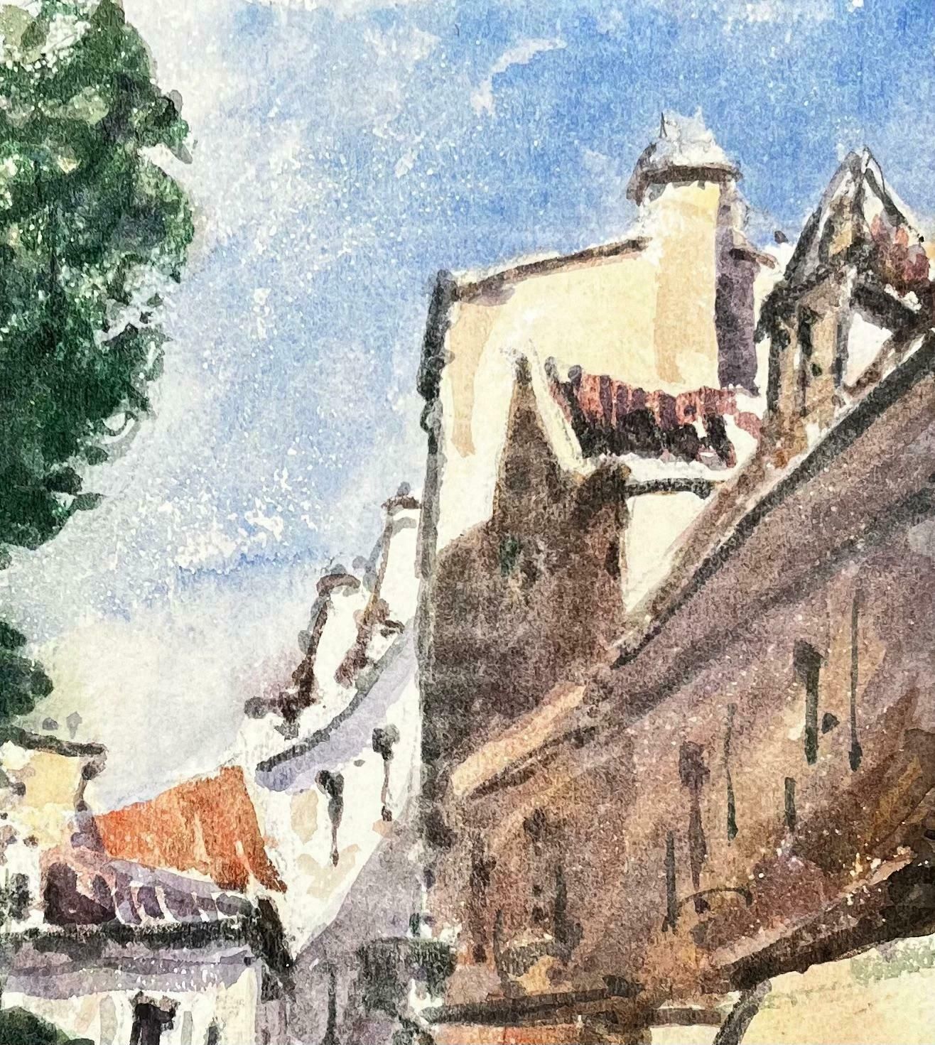 Unknownfrench Impressionist Watercolor Landscape   Couple Wandering Down Village Street20th Century photo Art