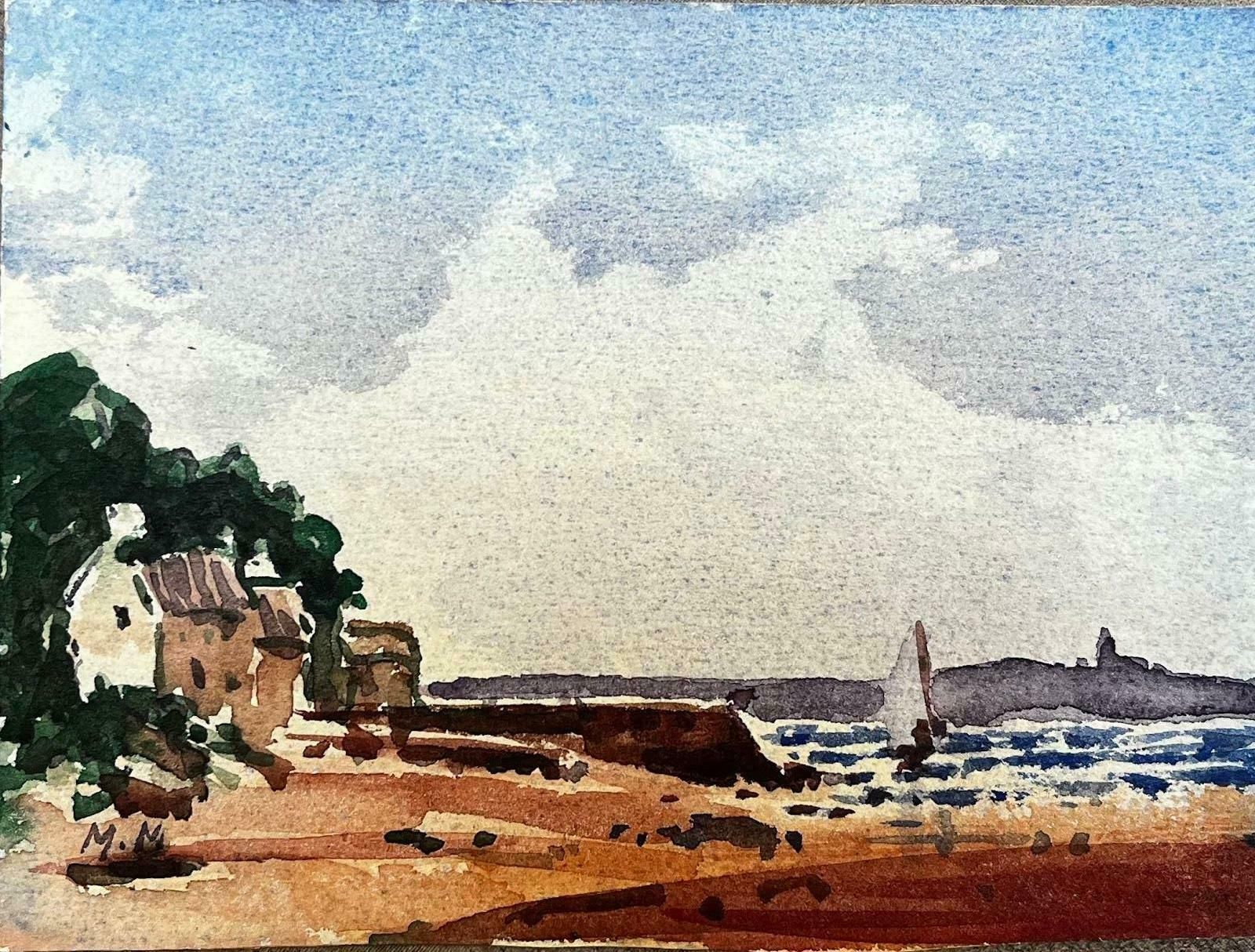 Unknownfrench Impressionist Watercolor Landscape Coastal House With Scene Sailboat View20th Century photo furniture