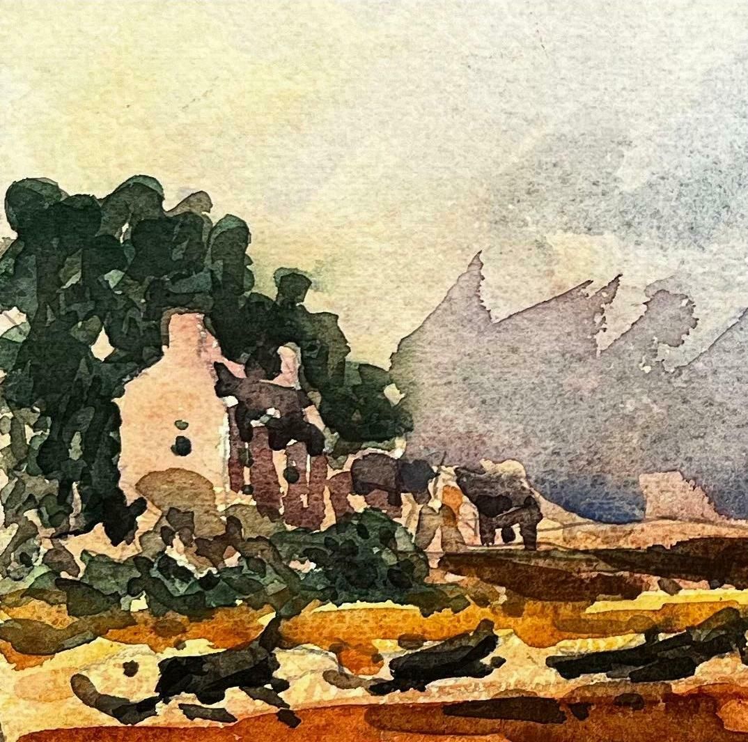 Unknownfrench Impressionist Watercolor Landscape Seaside Village Overlooking The Bay20th Century photo Art