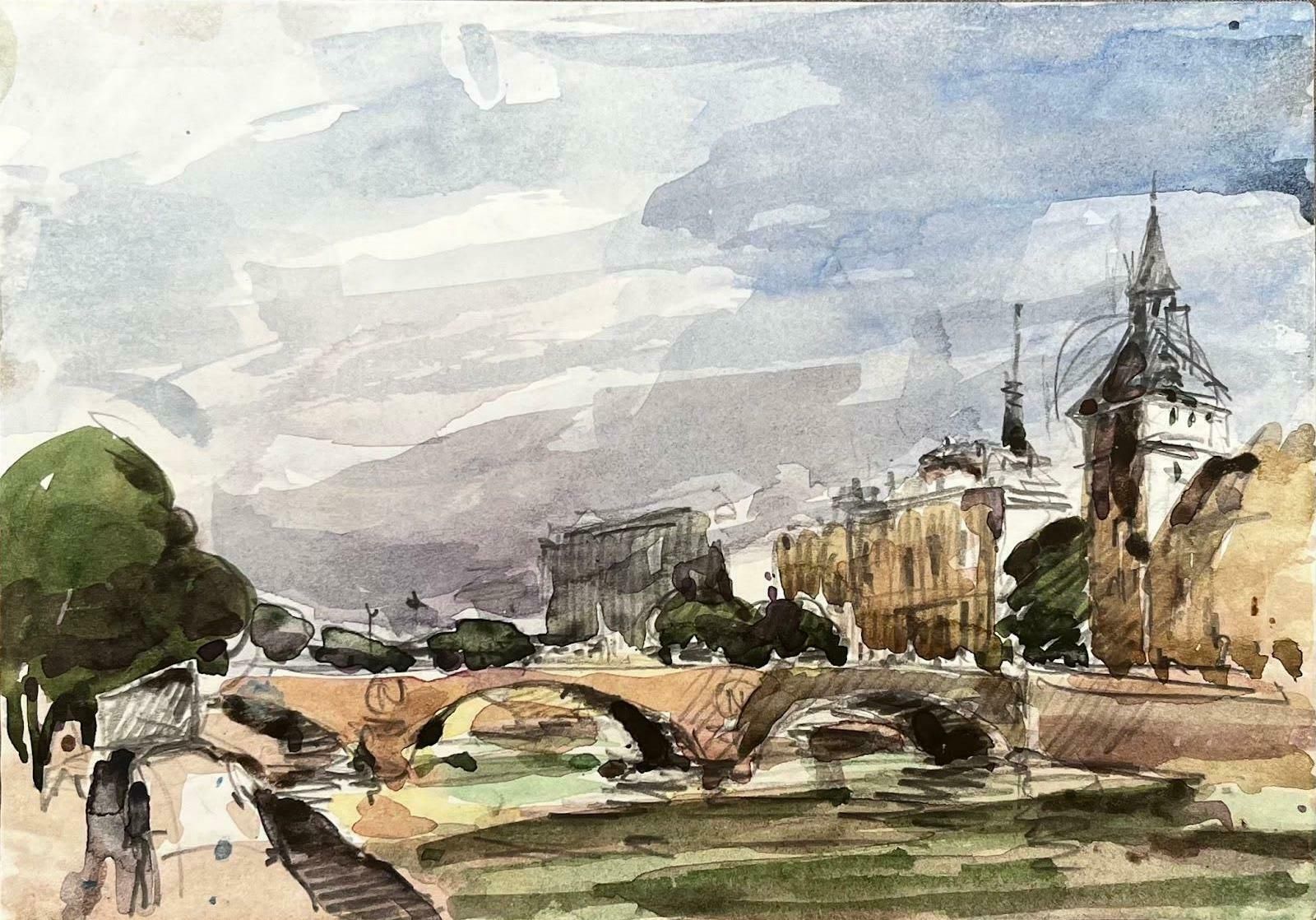 Unknownfrench Impressionist Watercolor Landscape River Seine Bridge Paris Landscape20th Century