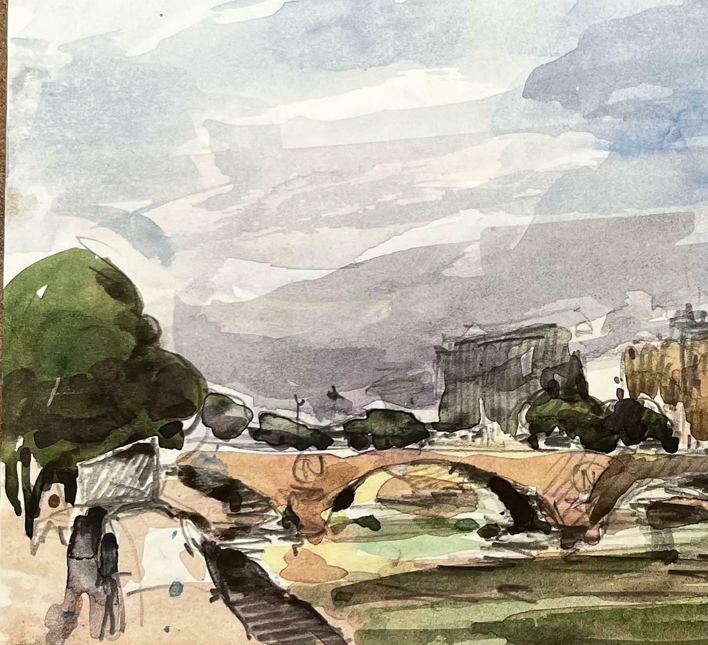 Unknownfrench Impressionist Watercolor Landscape River Seine Bridge Paris Landscape20th Century photo for sale