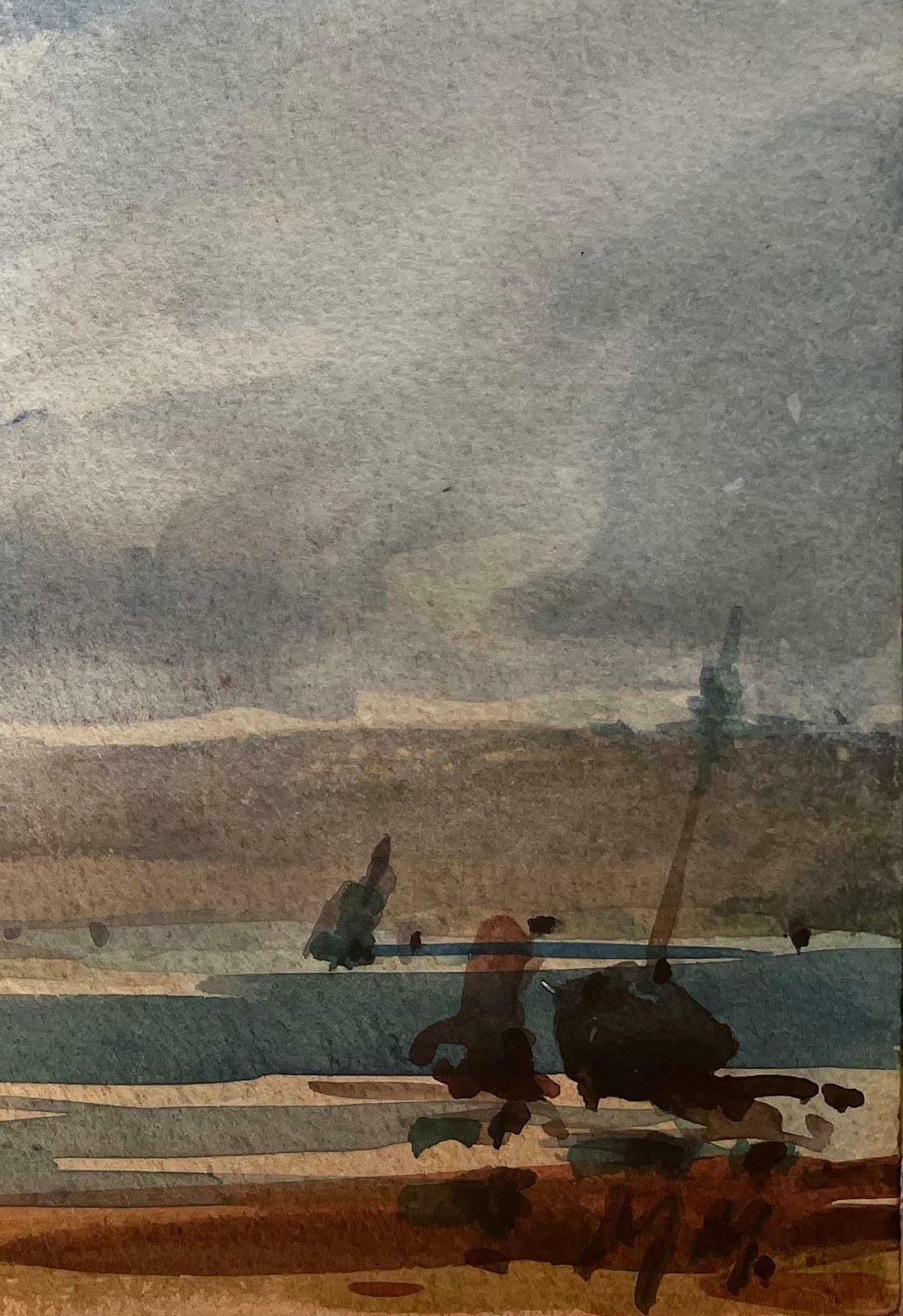 Unknownfrench Impressionist Landscape   Coastal Village With Boat And Figures20th Century photo for sale