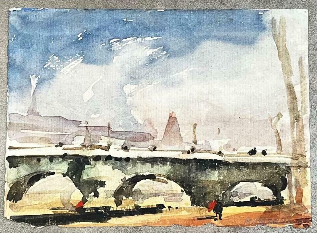 Unknownfrench Impressionist Watercolor Landscape Paris River Bridge Landscape20th Century photo furniture