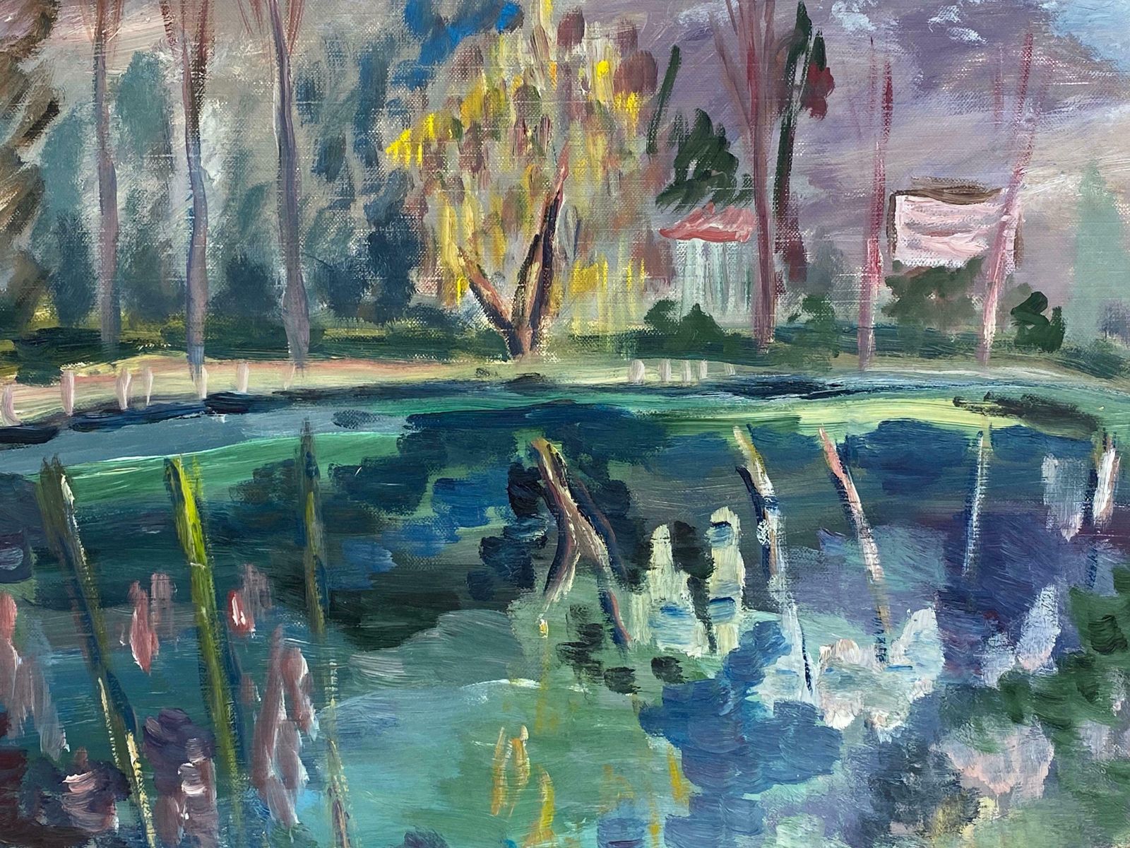 Unknown20th Century French Impressionist Oil Painting Summer Lake Green Teal Colorslate 20th Century photo furniture