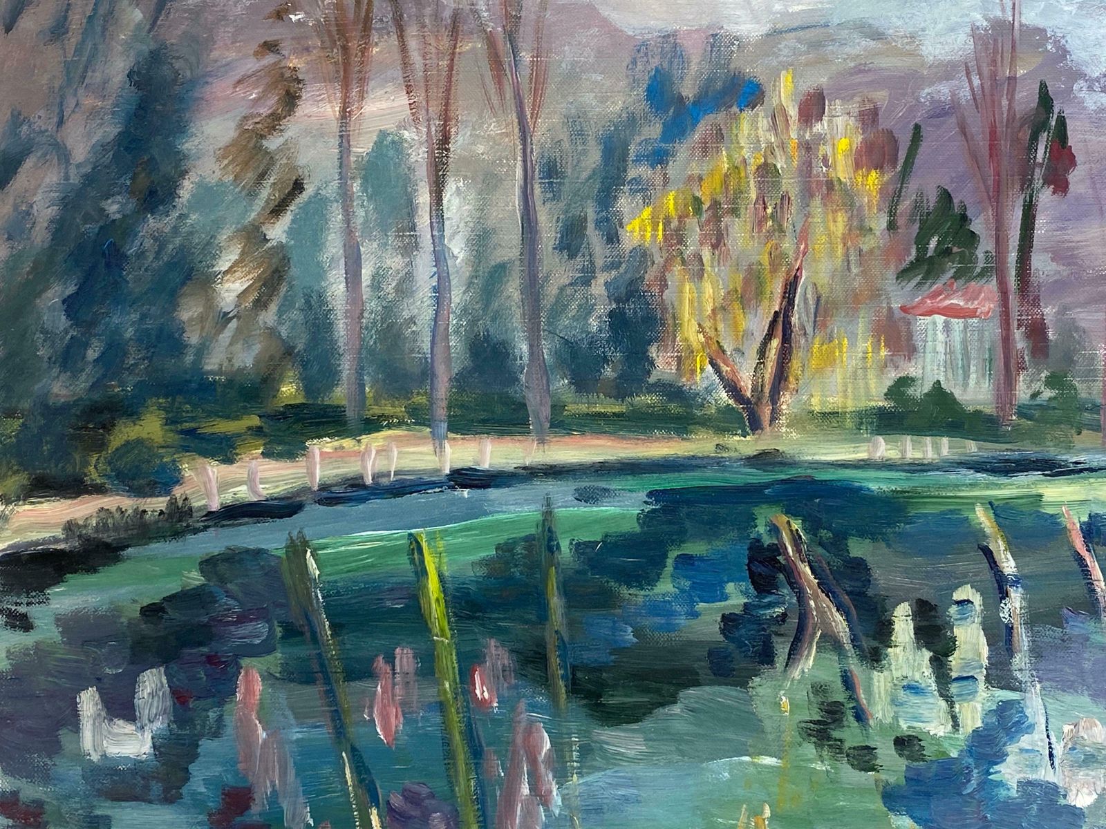 Unknown20th Century French Impressionist Oil Painting Summer Lake Green Teal Colorslate 20th Century photo for sale