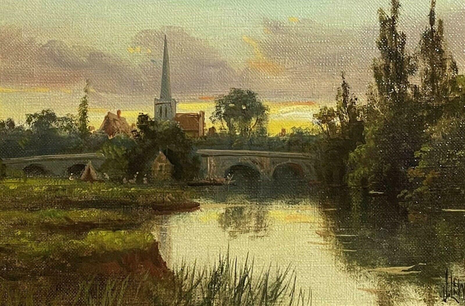 James Lewisantique English Signed Oil   Sunset Over The River Thames Fields And Church