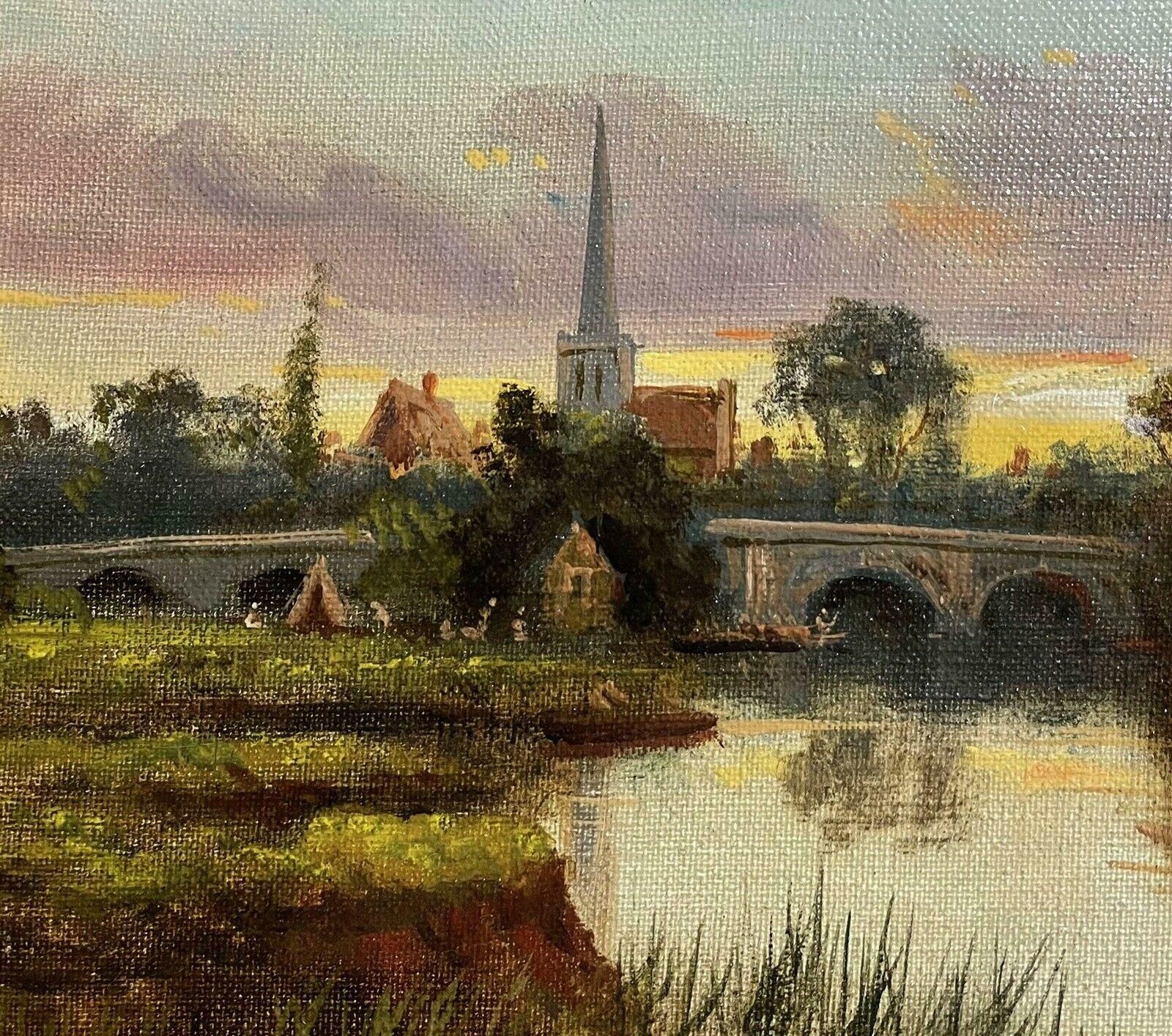 James Lewisantique English Signed Oil   Sunset Over The River Thames Fields And Church photo for sale