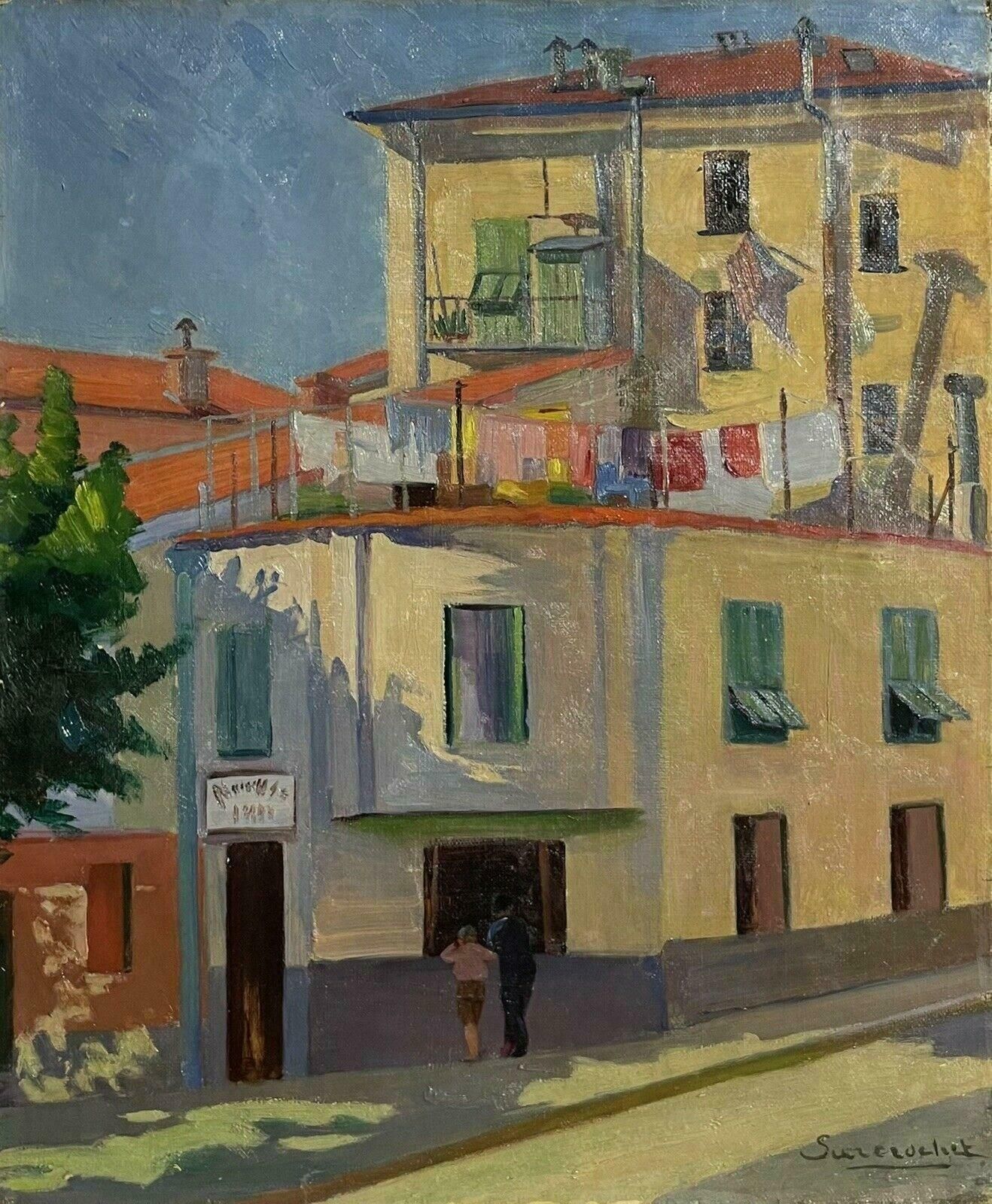 Unknown1950's French Modernist Signed Oil Figures In Sunny Street & Buildings