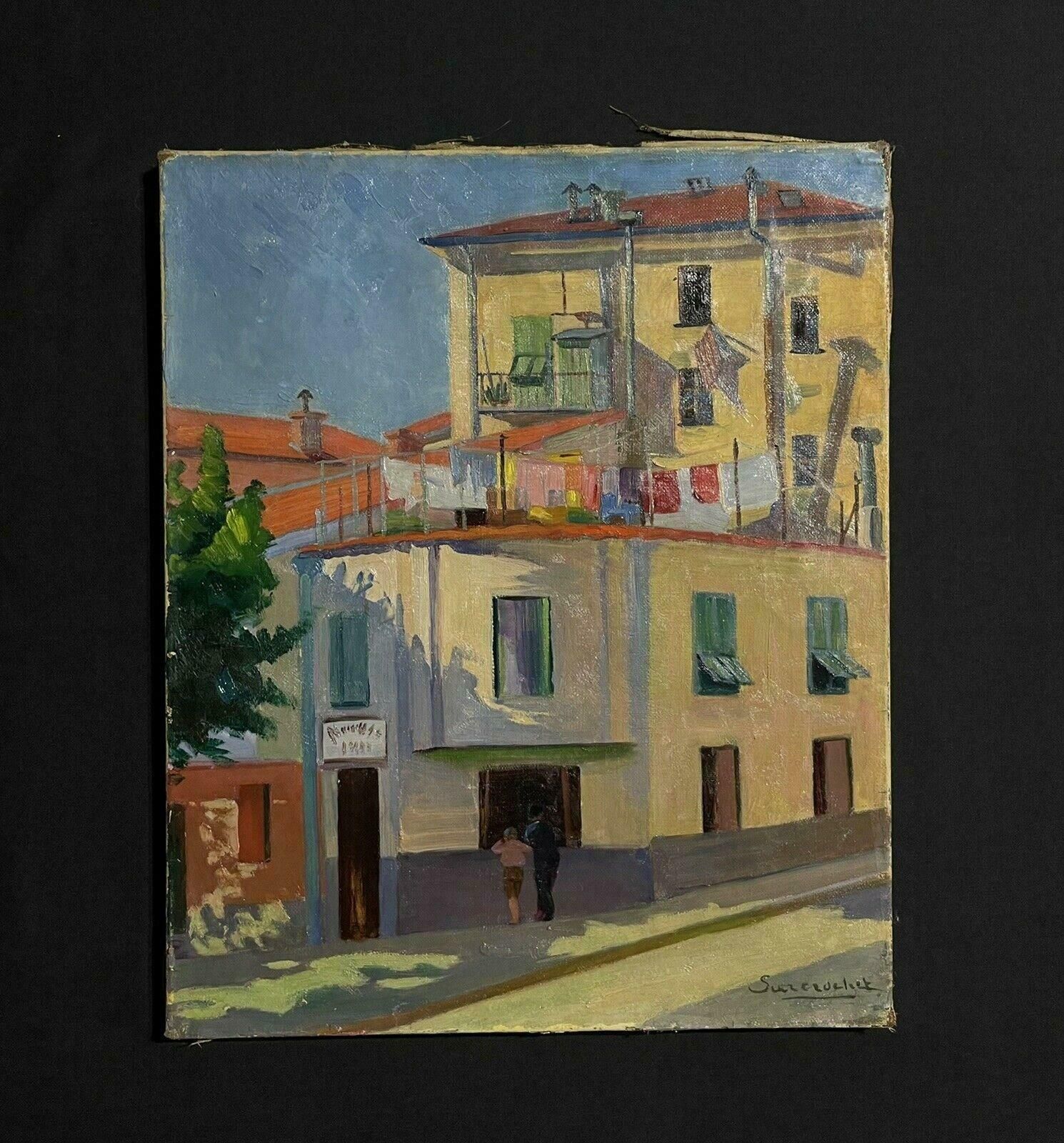 Unknown1950's French Modernist Signed Oil Figures In Sunny Street & Buildings photo furniture