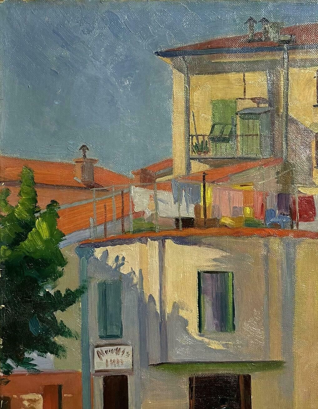 Unknown1950's French Modernist Signed Oil Figures In Sunny Street & Buildings photo for sale
