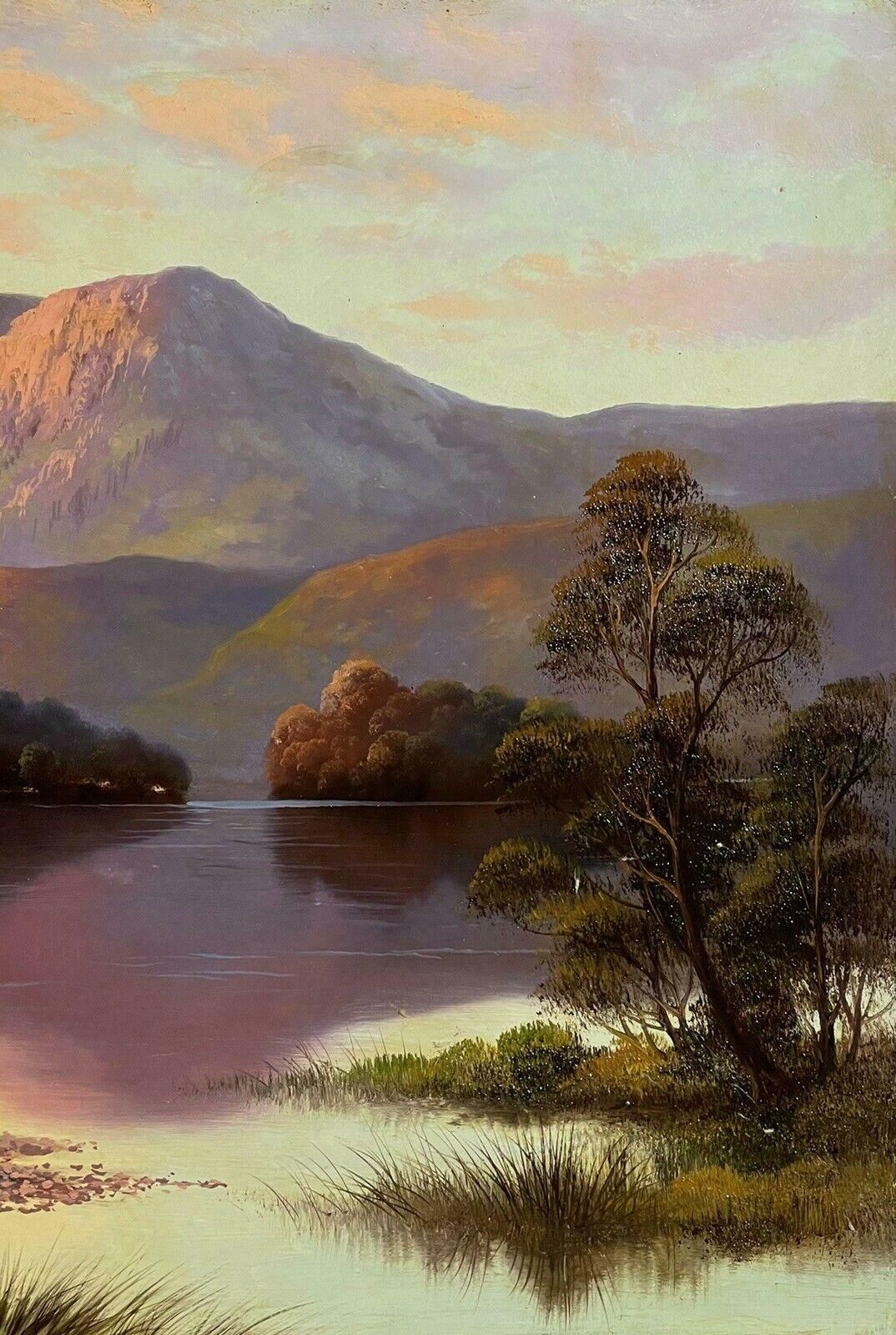 Antique Britishhighland Loch Scene At Sunset, Beautiful Tranquil Water, Antique Oil Painting photo 1226.0
