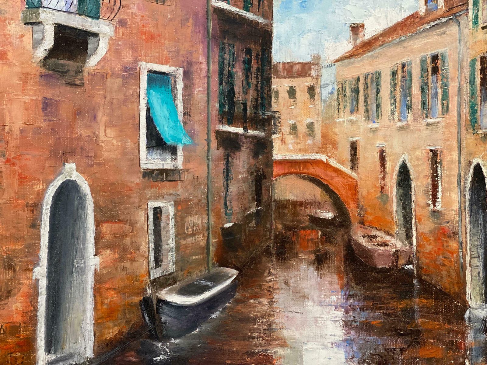 Louis Del Bianco (B.1925venice Tranquil Canal Backwater, Original Oil Painting On Canvas20th Century photo furniture