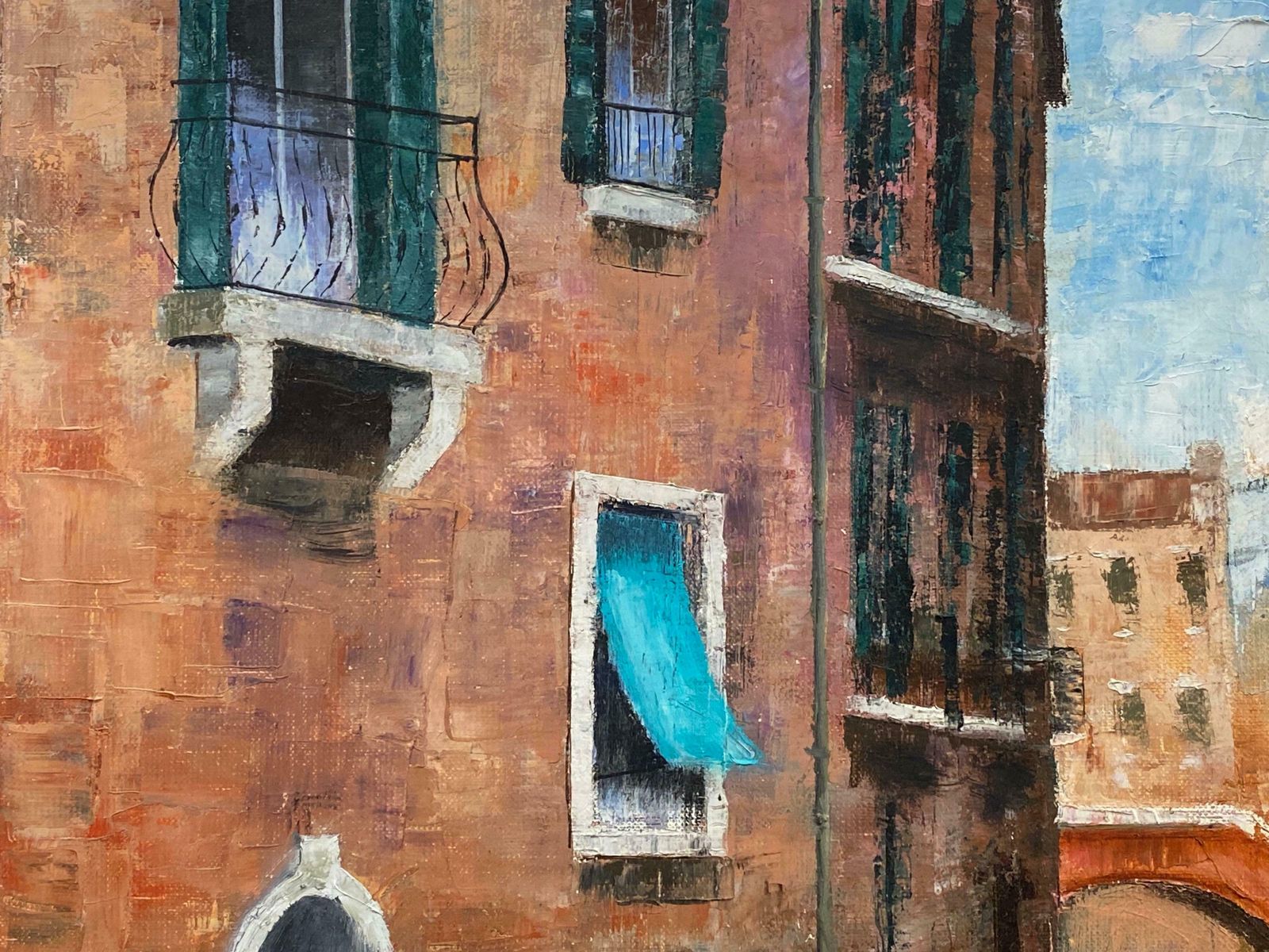 Louis Del Bianco (B.1925venice Tranquil Canal Backwater, Original Oil Painting On Canvas20th Century photo Art