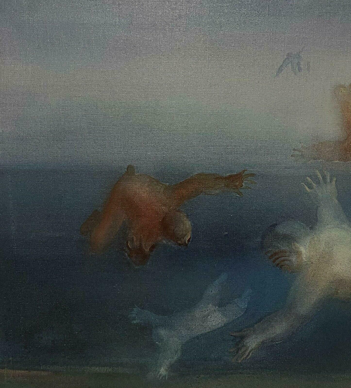 Unknownhuge 1970's French Surrealist Signed Oil Floating Figures In The Sky photo for sale