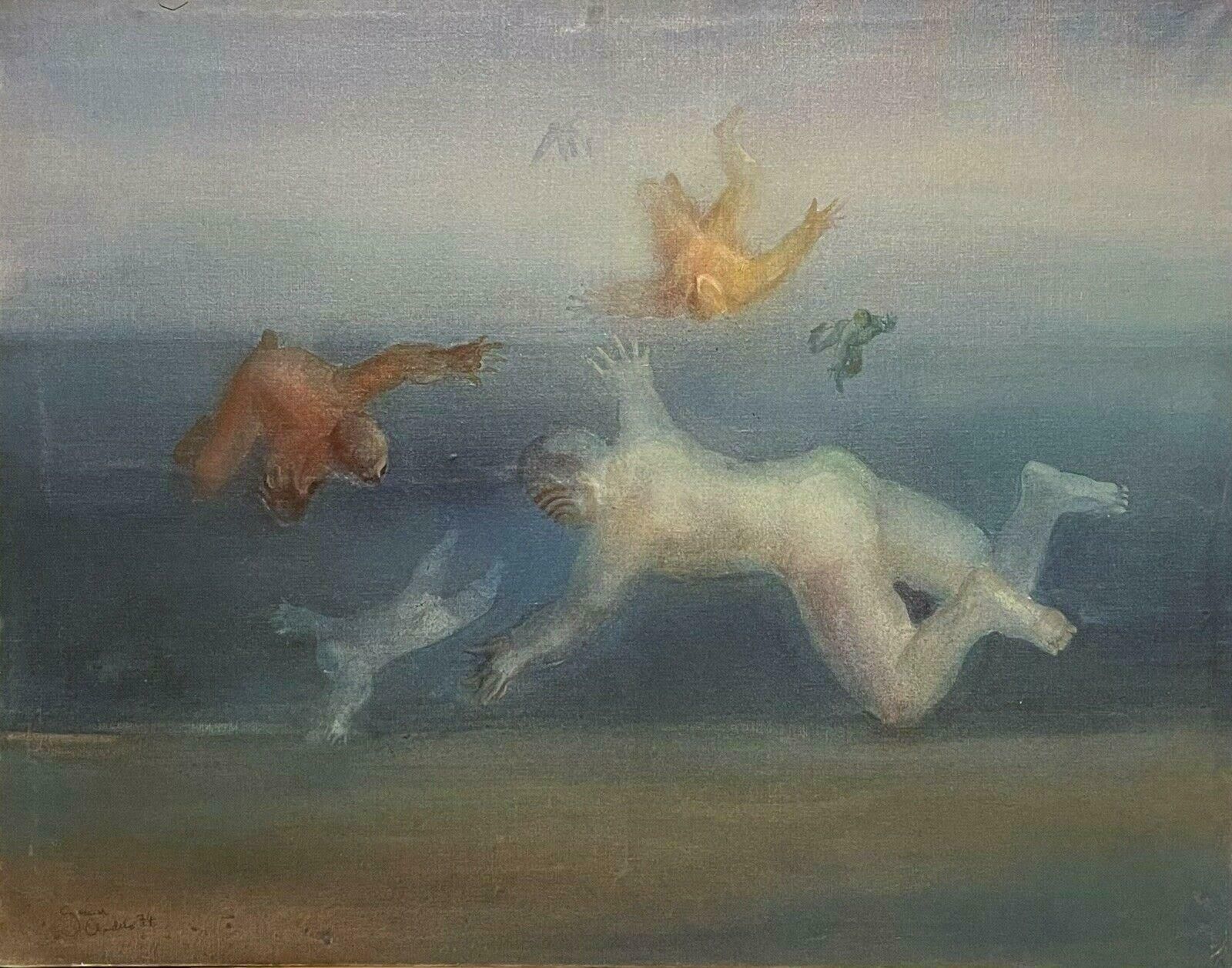 Unknownhuge 1970's French Surrealist Signed Oil Floating Figures In The Sky photo Art