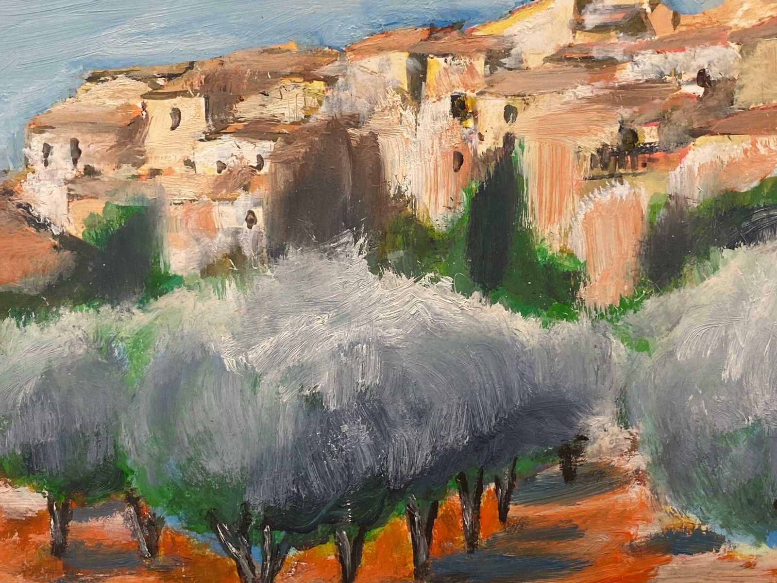 Spanish Oilsun Scorched Spanish Hill Top Perched Village, Signed Oil Painting photo 587.0