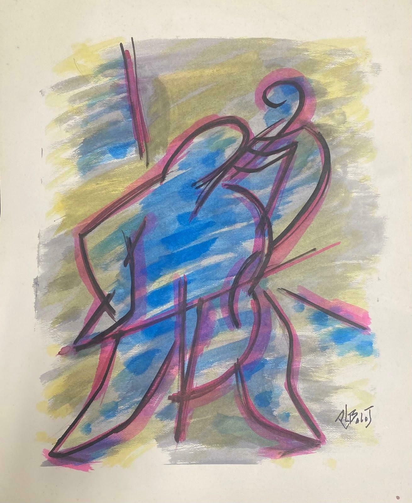 Unknown20th Century French Modernist Gouache Painting Two Figures Instrument Scenec. 1972 photo furniture
