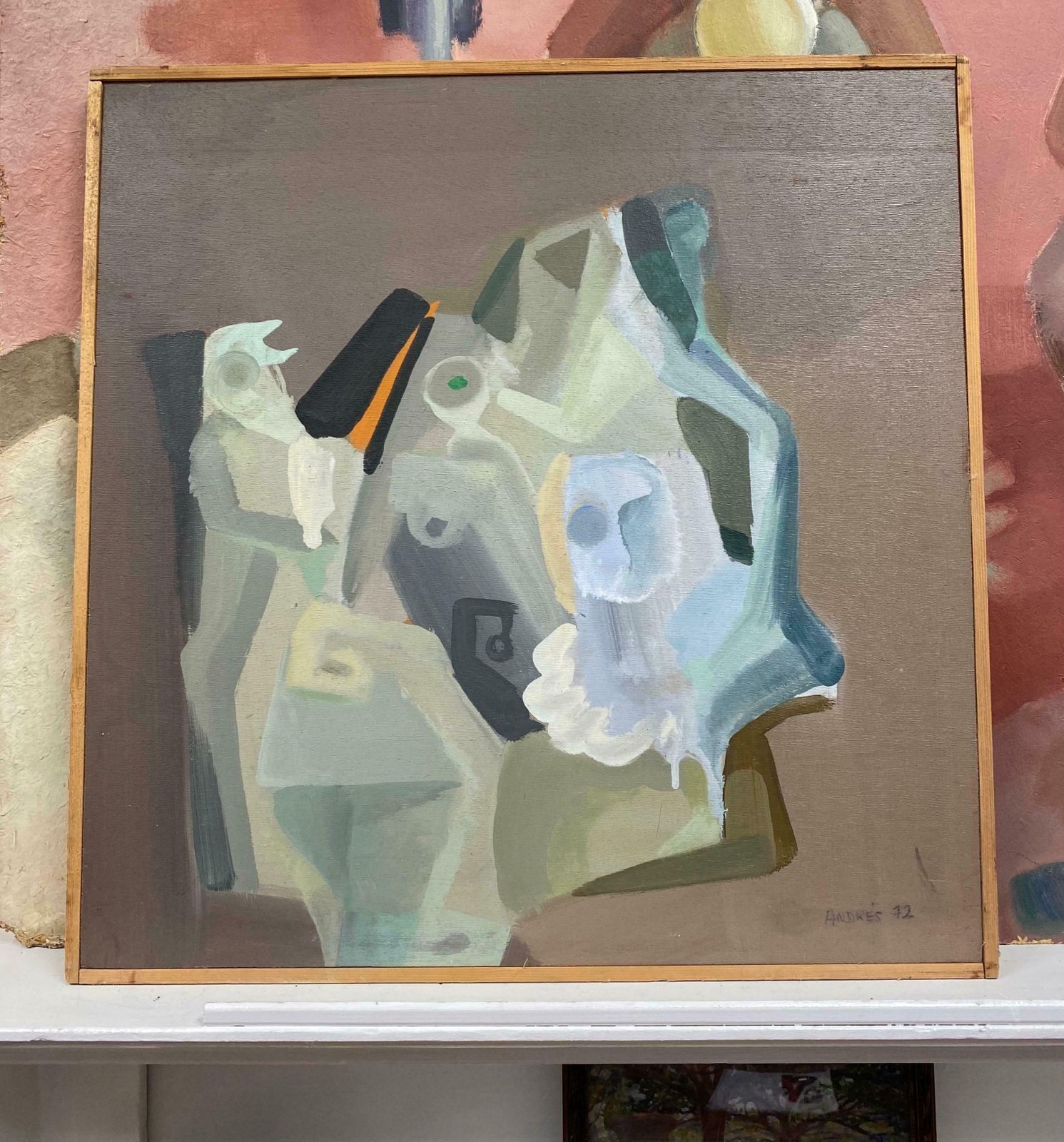 Andresfrench Surrealist Oil Painting Figurative Scene   Blue Abstract Shapesc. 1970s photo for sale
