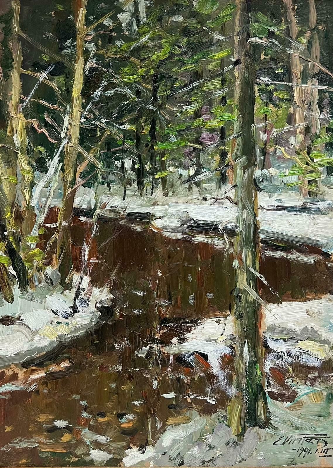 Edgars Vinterslarge Latvian Impressionist Signed Oil Painting Snow On Winter Woodland Path1994