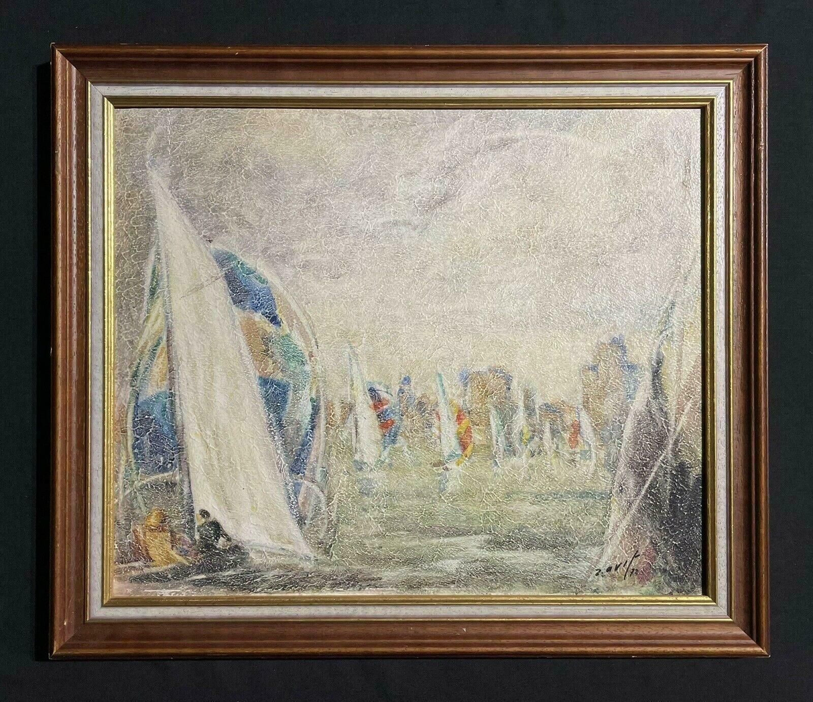 Unknownracing Yachts Flotilla At Sea, Signed 1970's French Modernist Oil Painting photo furniture