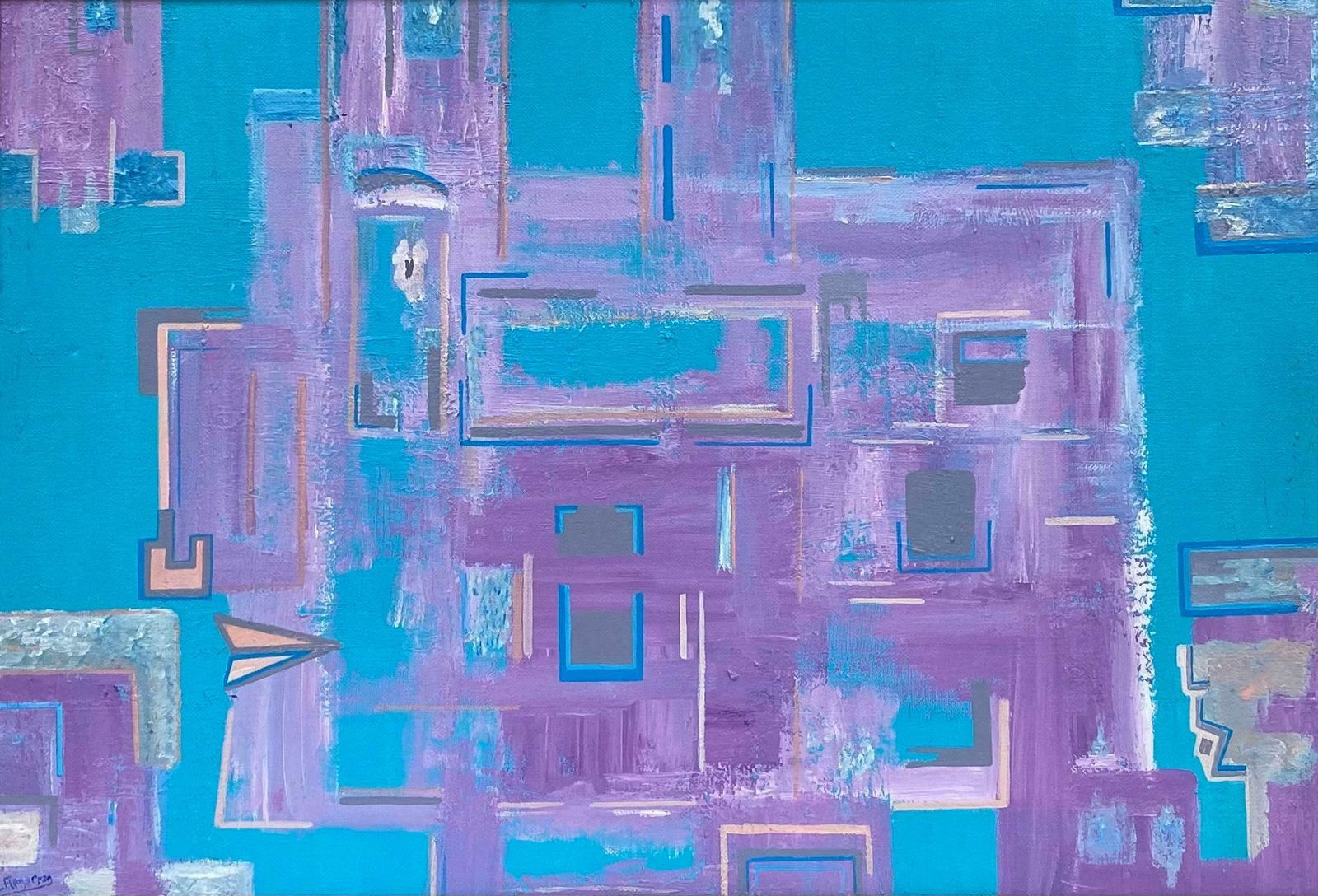 Unknownframed Bright & Colorful French Abstract Oil Painting Amazing Shapes & Colors