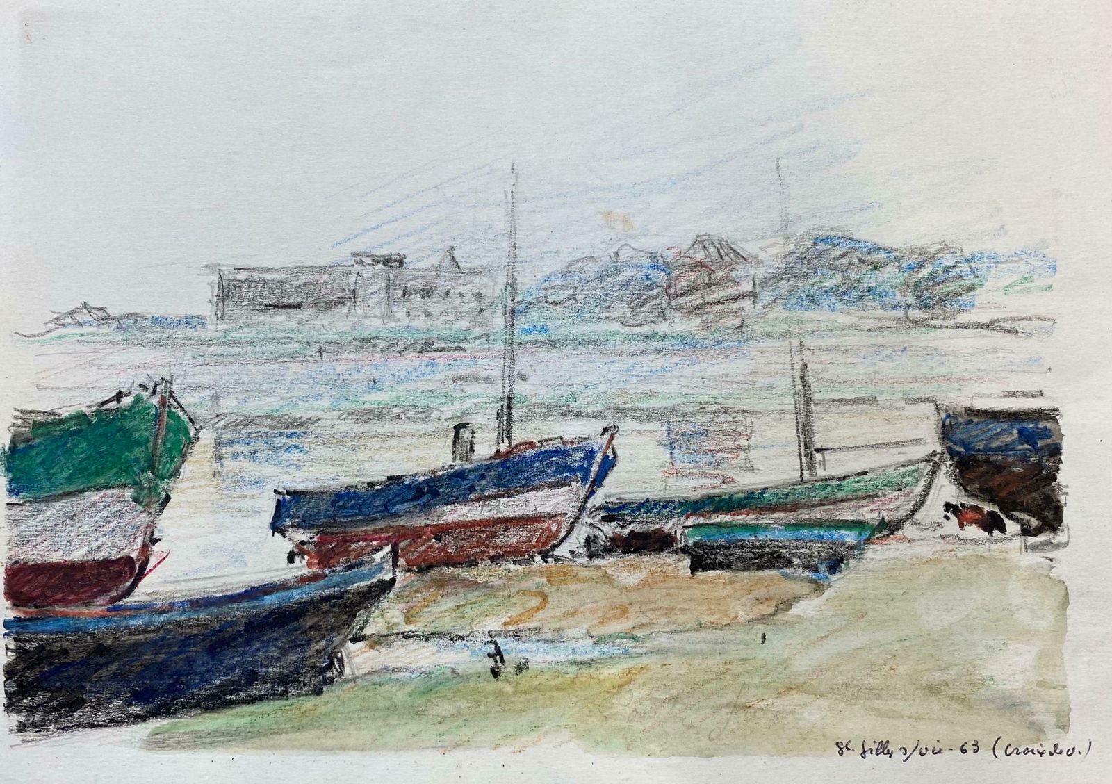 Camille Meriotcamille Meriot French Signed Impressionist Crayon Drawing   Atmospheric Boats C. 1940's