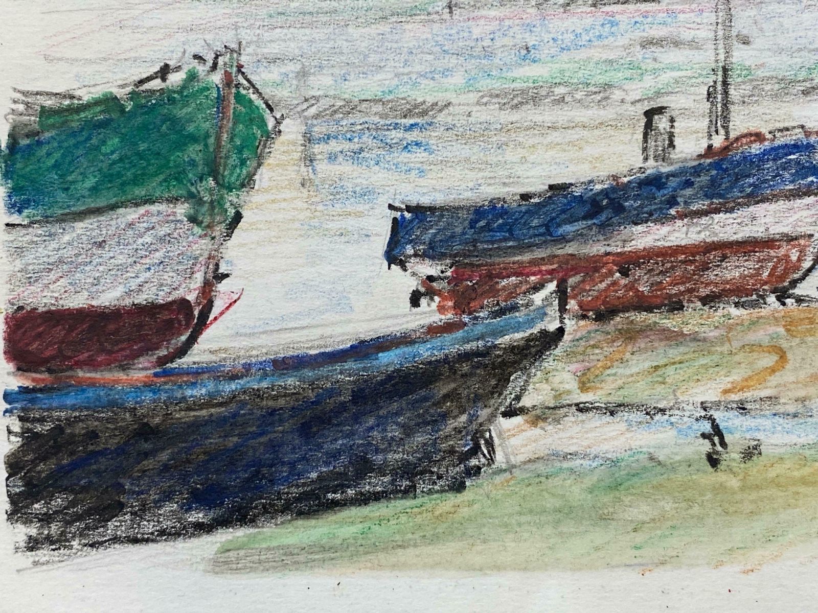 Camille Meriotcamille Meriot French Signed Impressionist Crayon Drawing   Atmospheric Boats C. 1940's photo 281.0
