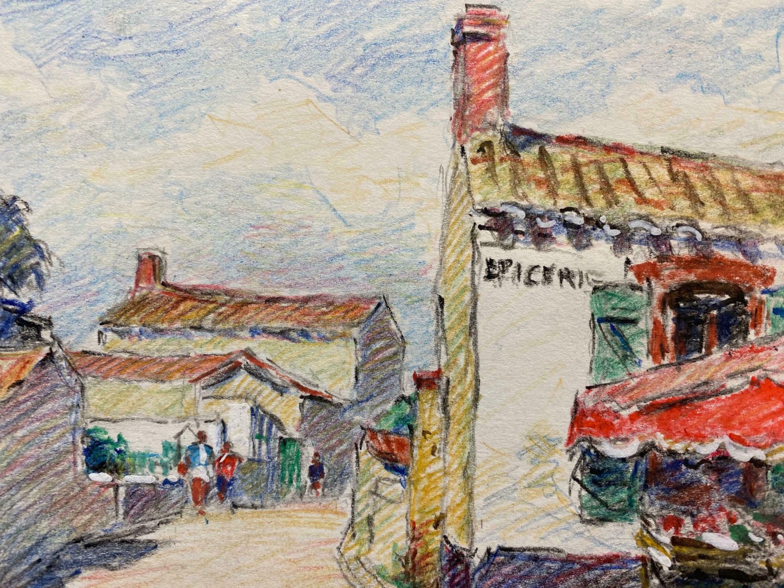 Camille Meriotcamille Meriot French Signed Impressionist Crayon Drawing Brittany Villagec. 1940's photo for sale