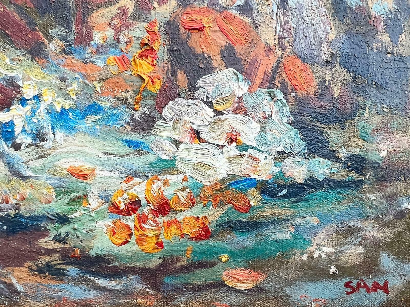 French School Mid 20th Century French Impressionist Oil Crowded Market Scene Many Figures photo for sale