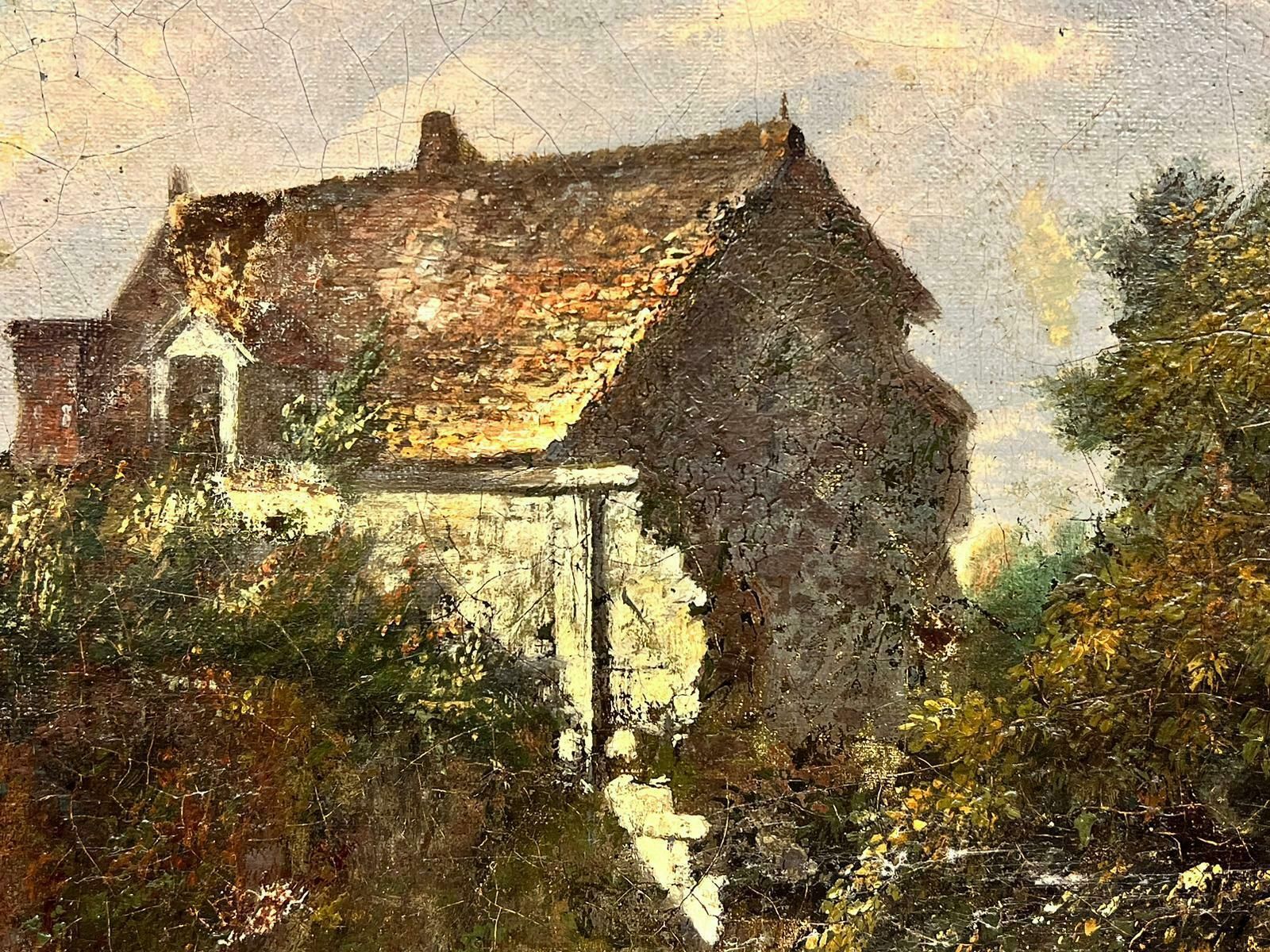 French School19th Century French Barbizon Oil Painting Figure In Woodland By Cottage photo for sale