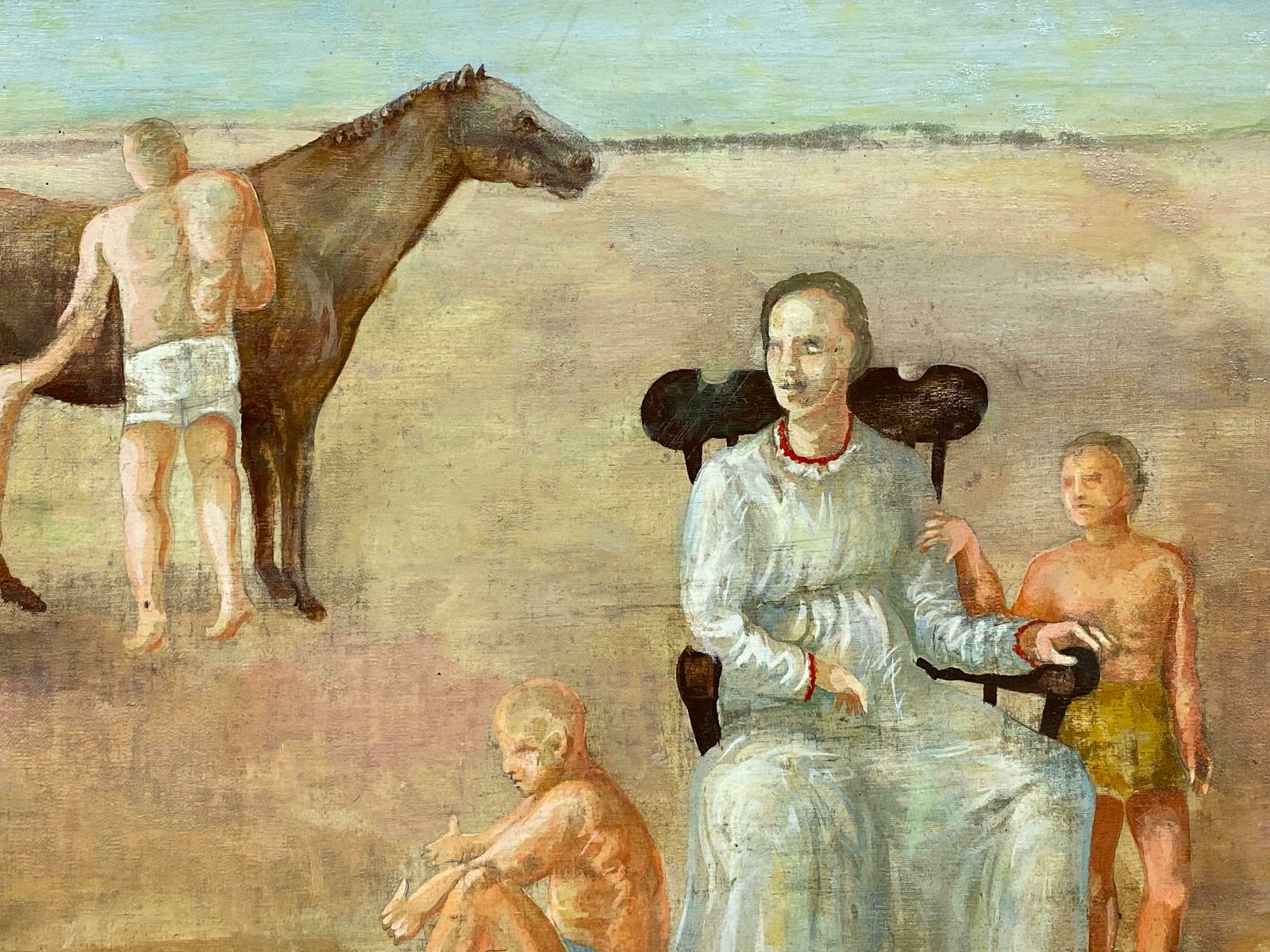 Andresfrench Surrealist Oil Painting Figurative Scene Family With Horse Landscapec. 1970s photo furniture