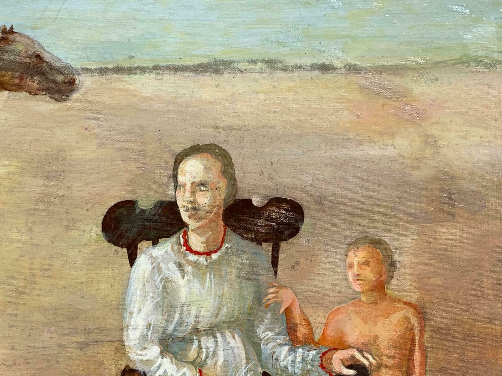 Andresfrench Surrealist Oil Painting Figurative Scene Family With Horse Landscapec. 1970s photo vinterior
