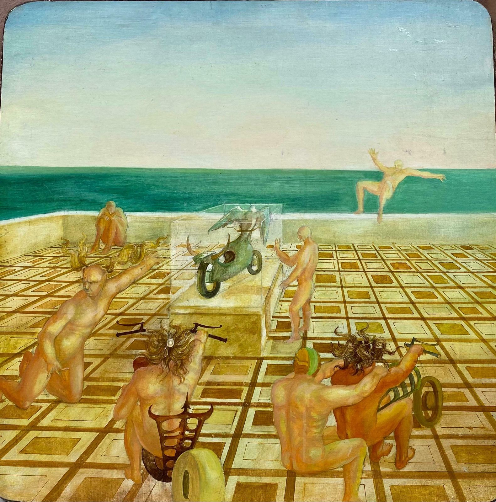 Andresfrench Surrealist Oil Painting Figurative Scene Male Nudes In Desertc. 1970s