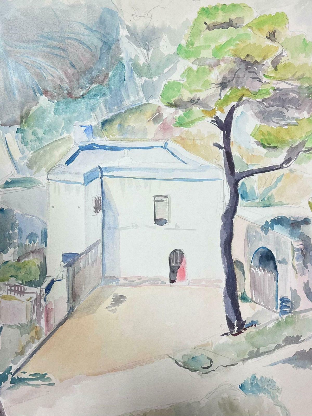 Guy Nicod Mid 20th Century French Post Impressionist Watercolor Provencal White Chateau photo Art