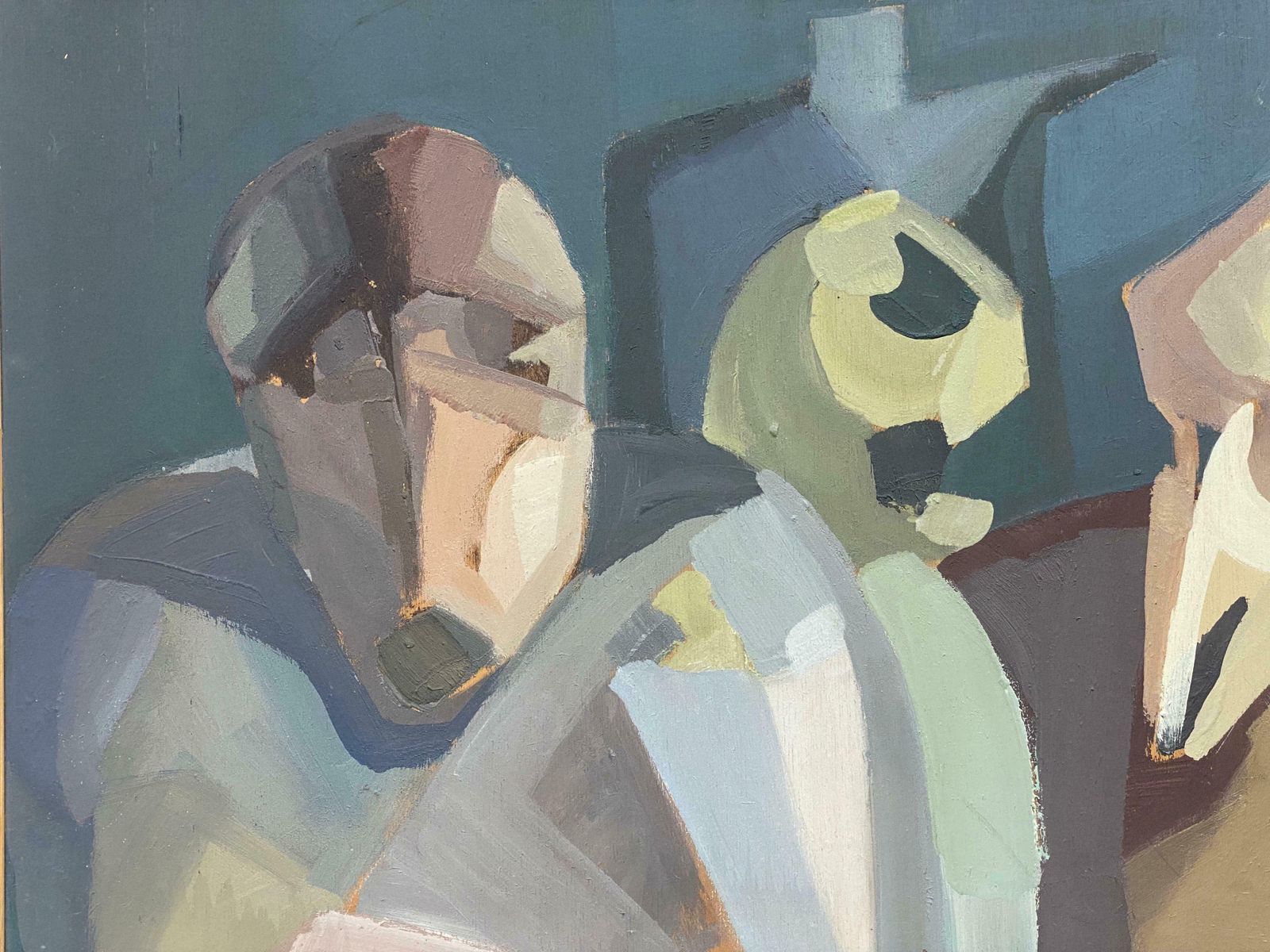 Andresfrench Surrealist Oil Painting Abstract Figurative Scene C. 1970s photo for sale