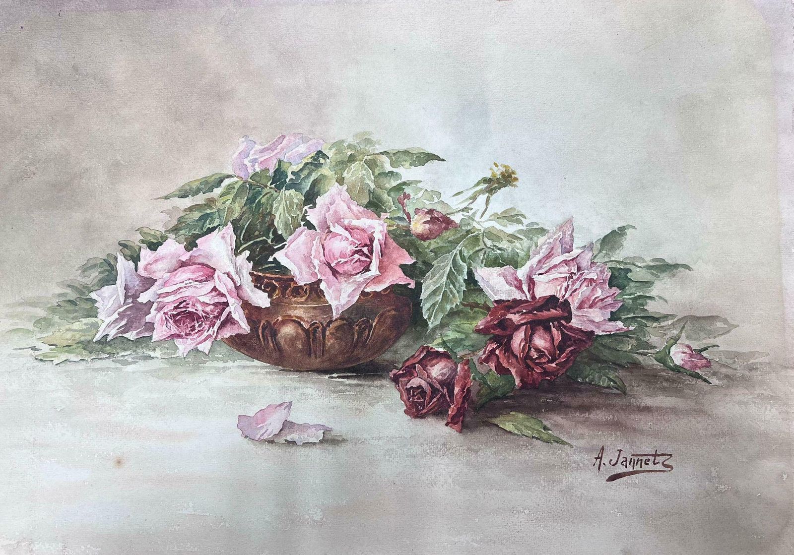 French Schoolvintage Antique French Painting Still Life Roses Next To Bowl