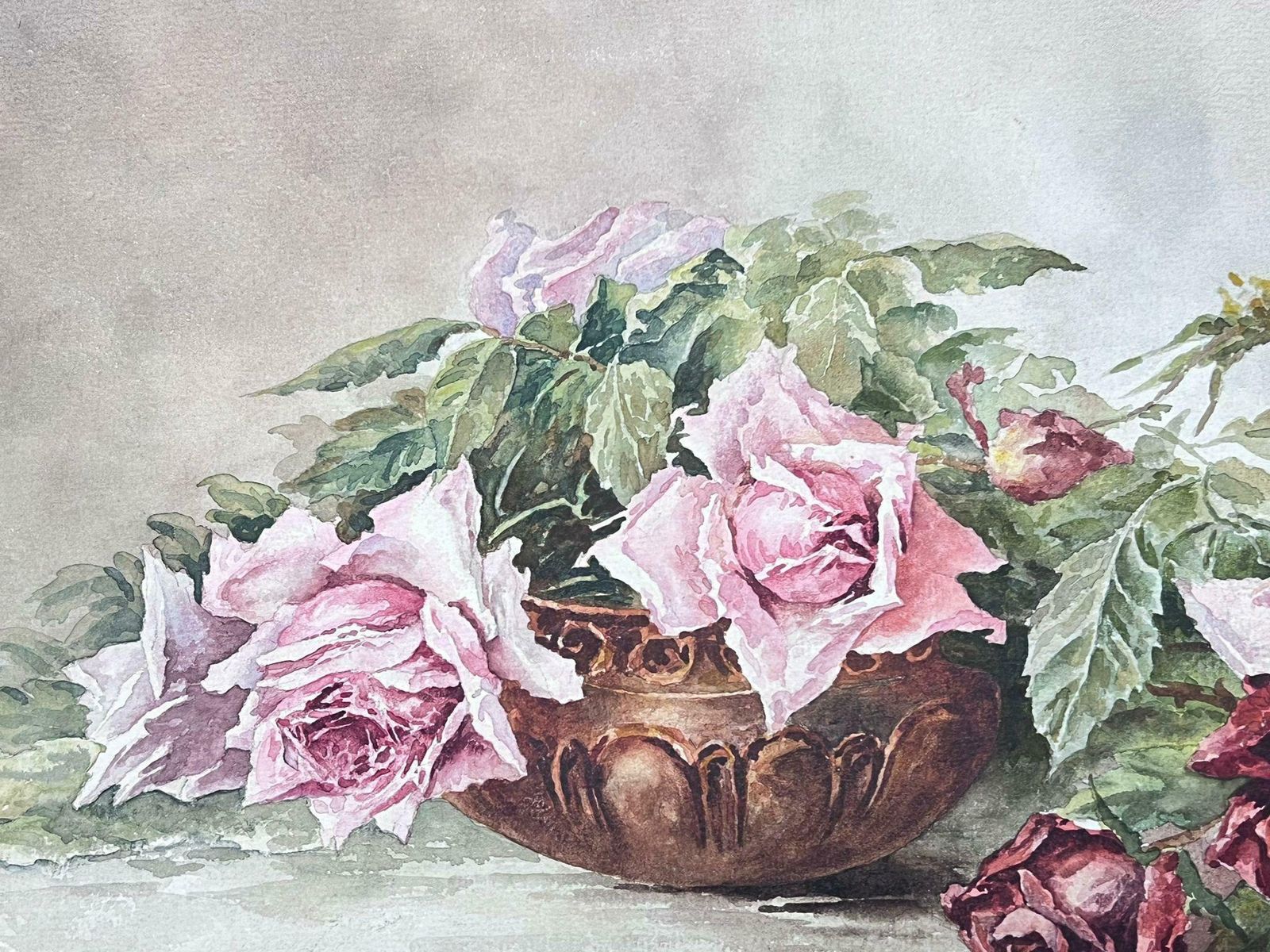 French Schoolvintage Antique French Painting Still Life Roses Next To Bowl photo for sale