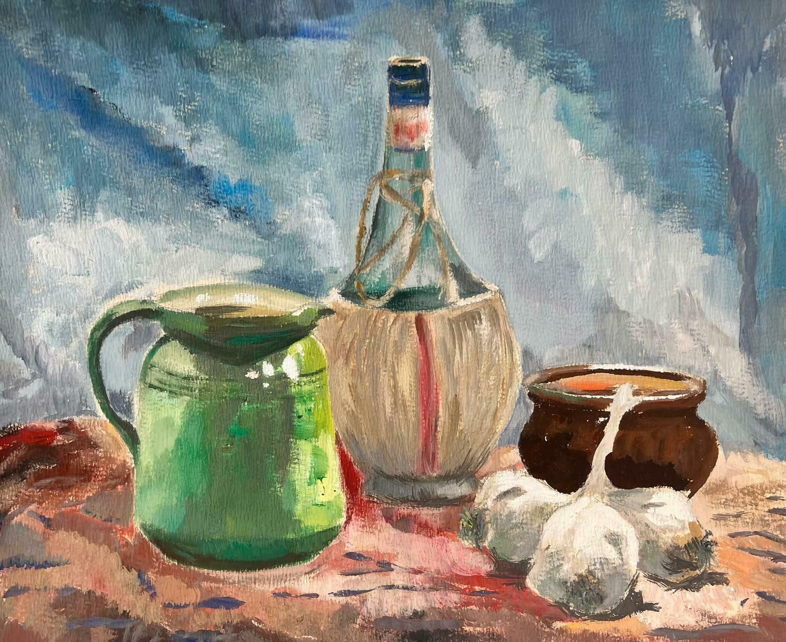 Josine Vignon1960's French Post Impressionist Oil Still Life Garlic & Wine On Table1960's