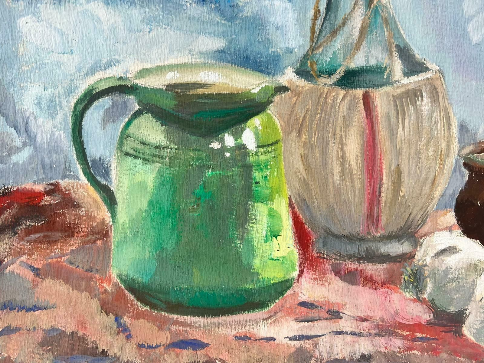 Josine Vignon1960's French Post Impressionist Oil Still Life Garlic & Wine On Table1960's photo for sale