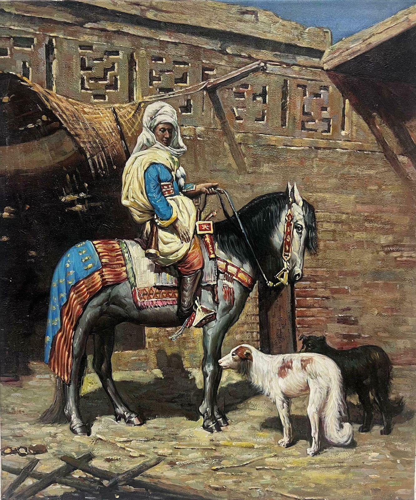European Artistnorth African Orientalist Scene Man On Horseback With Dogs Outside City Building