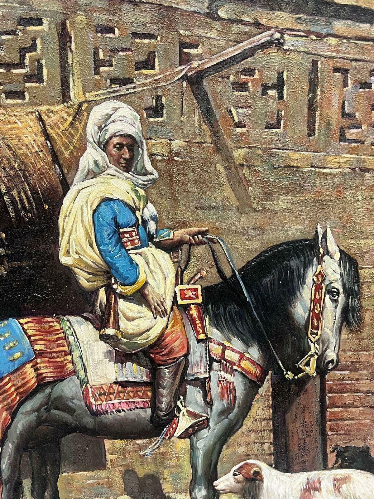 European Artistnorth African Orientalist Scene Man On Horseback With Dogs Outside City Building photo Art