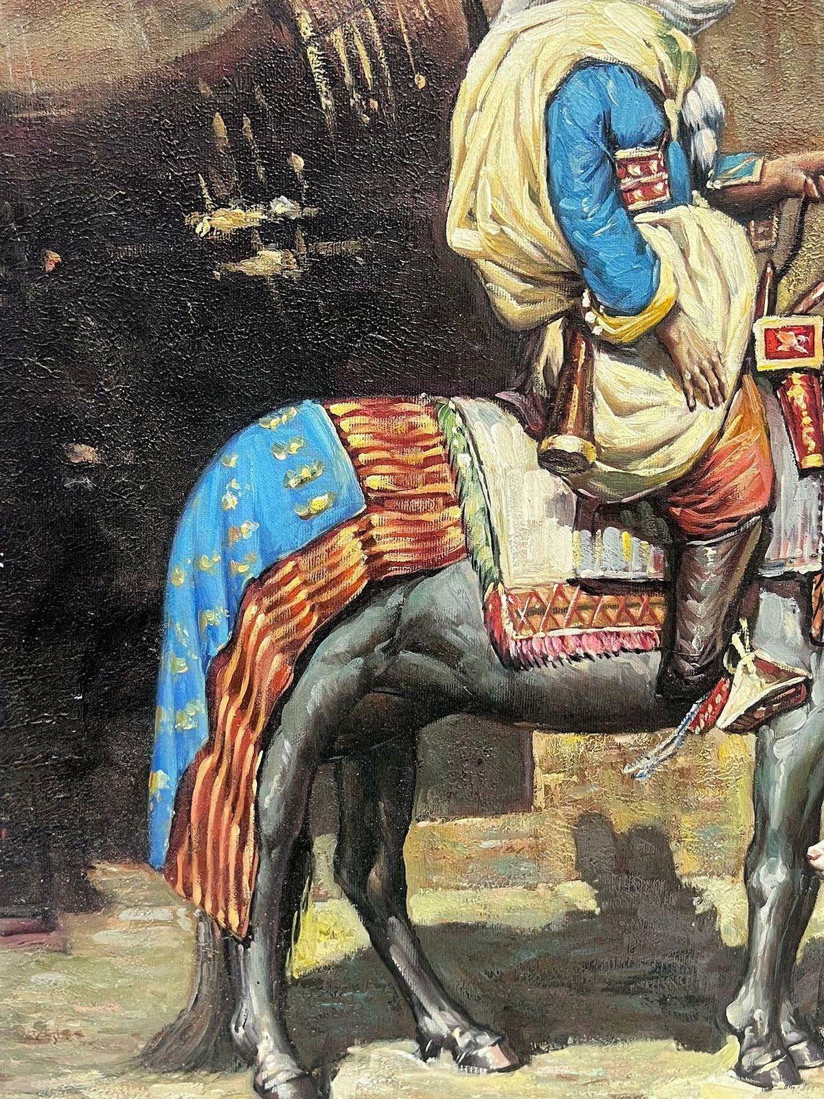 European Artistnorth African Orientalist Scene Man On Horseback With Dogs Outside City Building photo buy