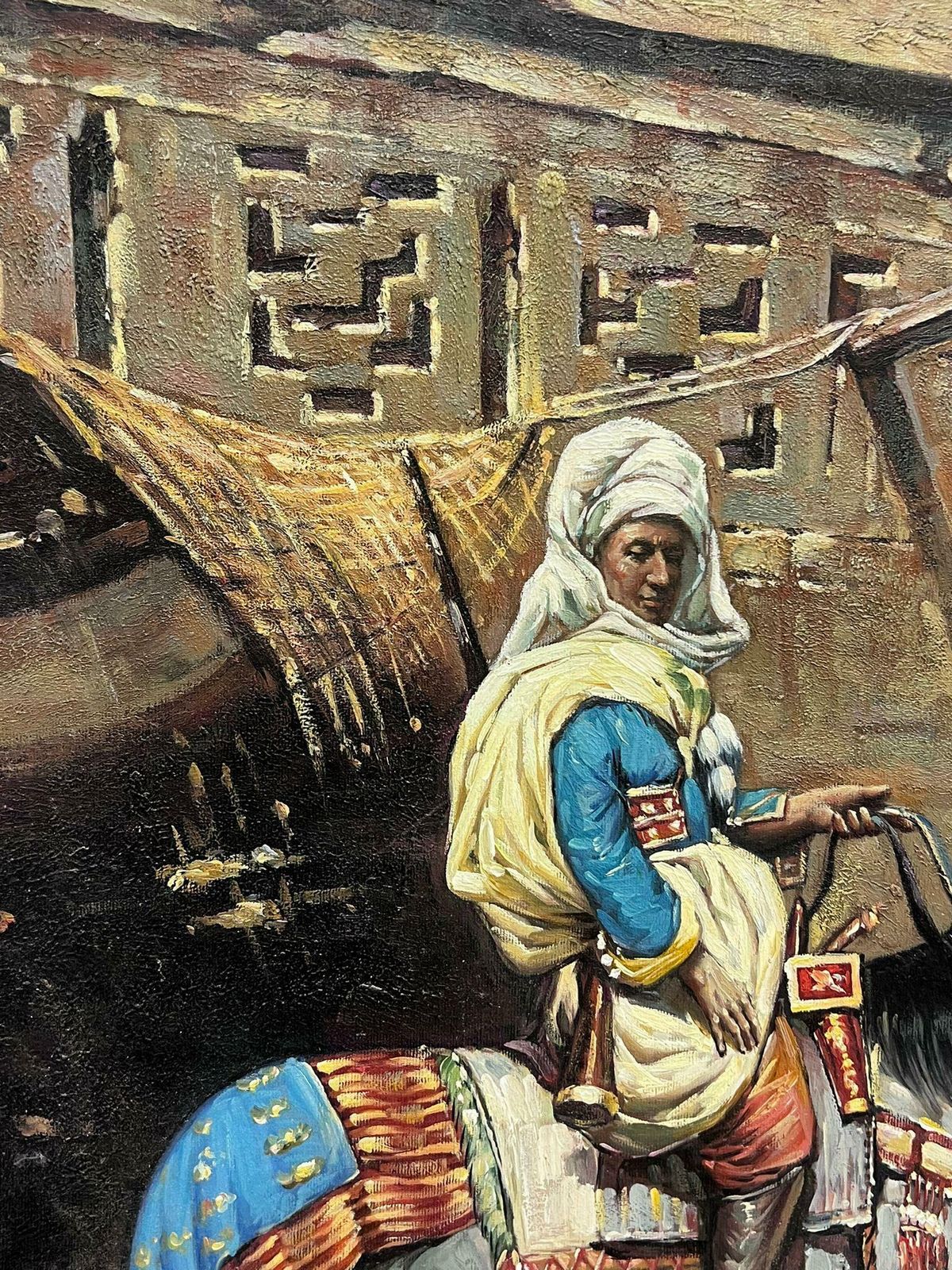 European Artistnorth African Orientalist Scene Man On Horseback With Dogs Outside City Building photo vintage