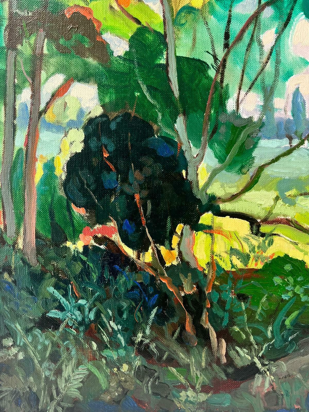Michel Kritzpost Impressionist French Signed Oil Leafy Green Trees Chateau Parkland photo for sale